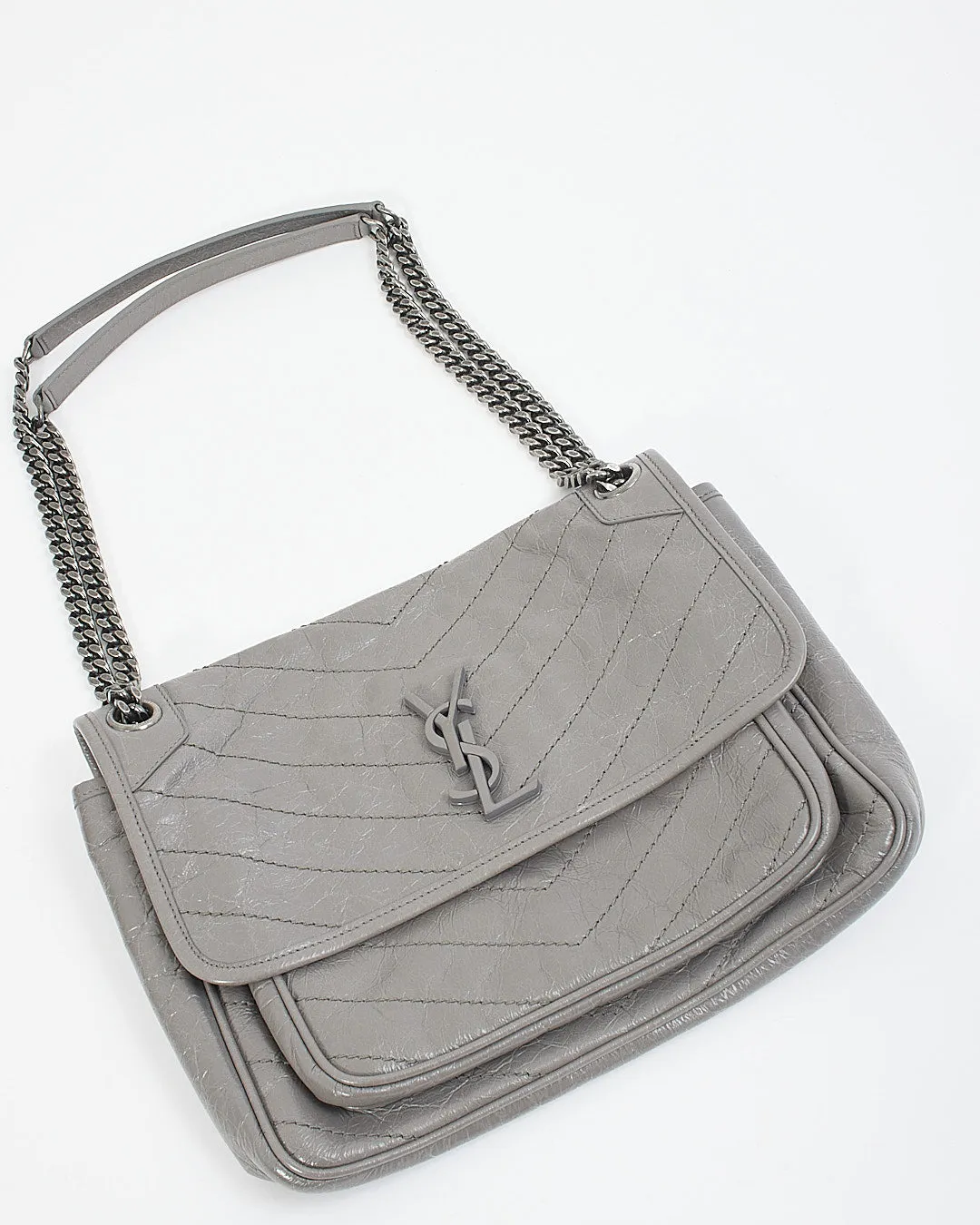 Saint Laurent Grey Storm Crinkled Leather Medium Nikki Chain Bag