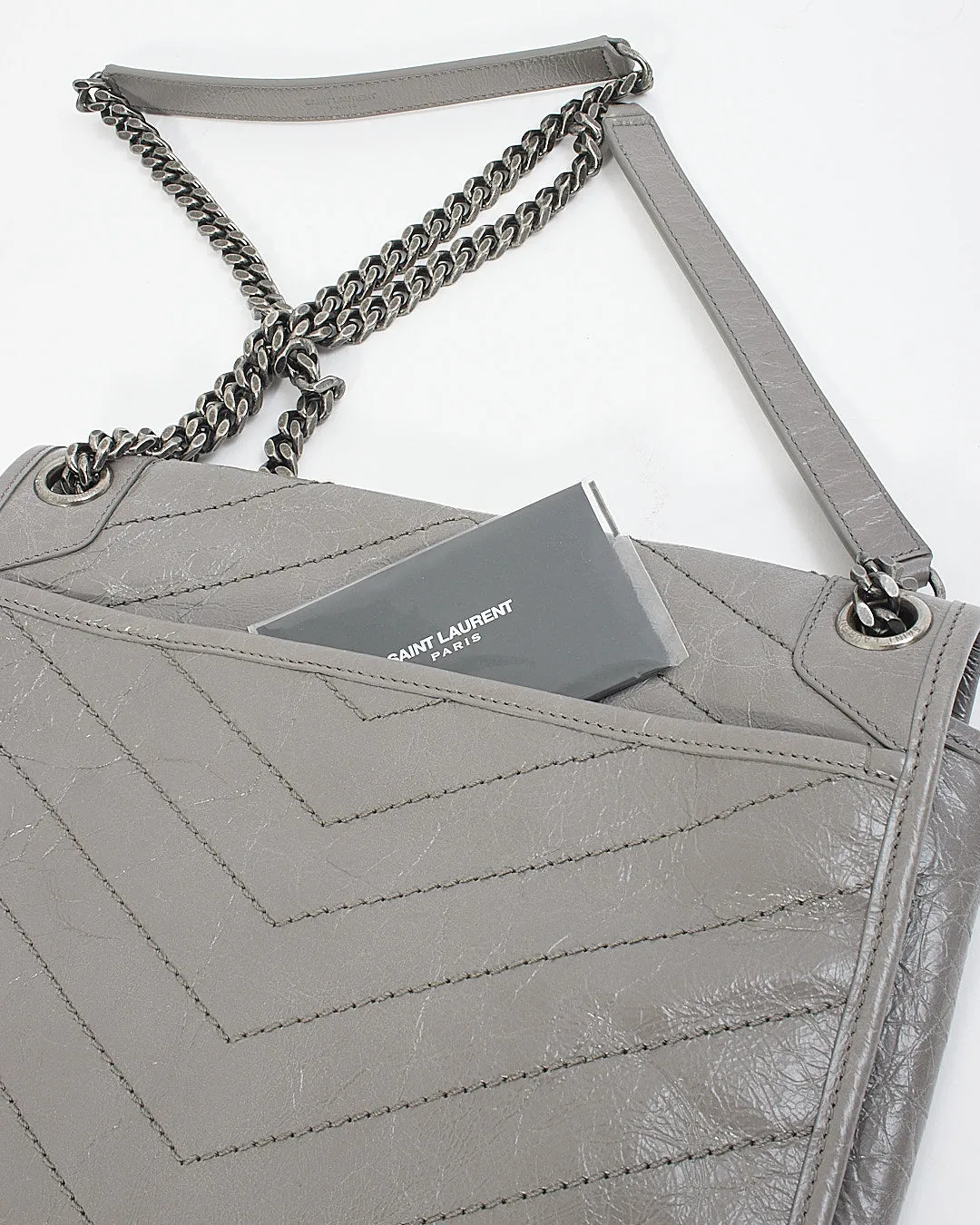 Saint Laurent Grey Storm Crinkled Leather Medium Nikki Chain Bag