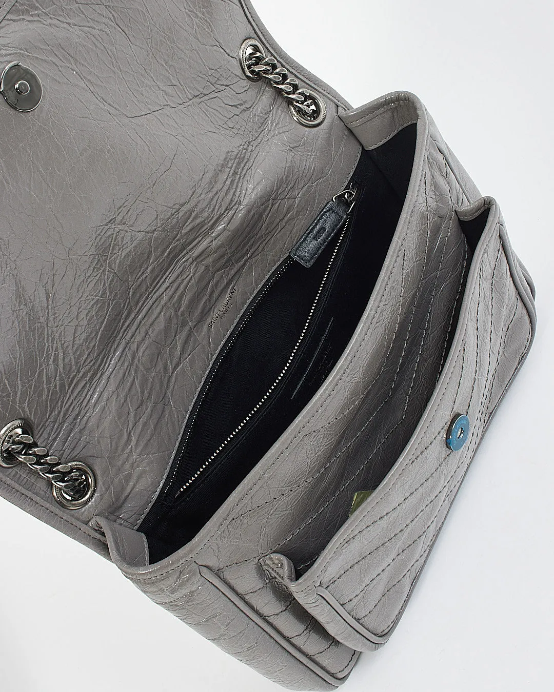Saint Laurent Grey Storm Crinkled Leather Medium Nikki Chain Bag