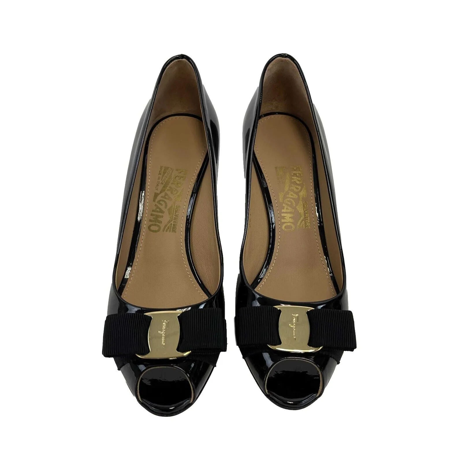 Salvatore Ferragamo - Pola Vera Bow Patent Black Leather Peep Toe Pumps - Size 7