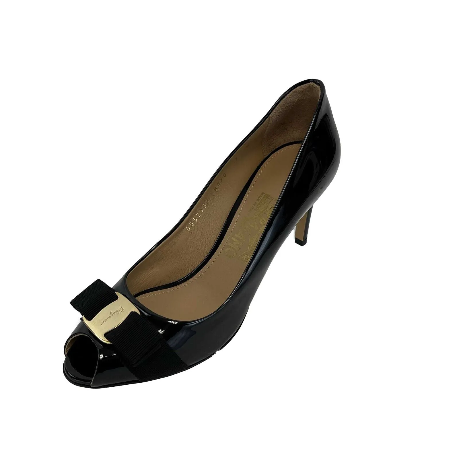 Salvatore Ferragamo - Pola Vera Bow Patent Black Leather Peep Toe Pumps - Size 7