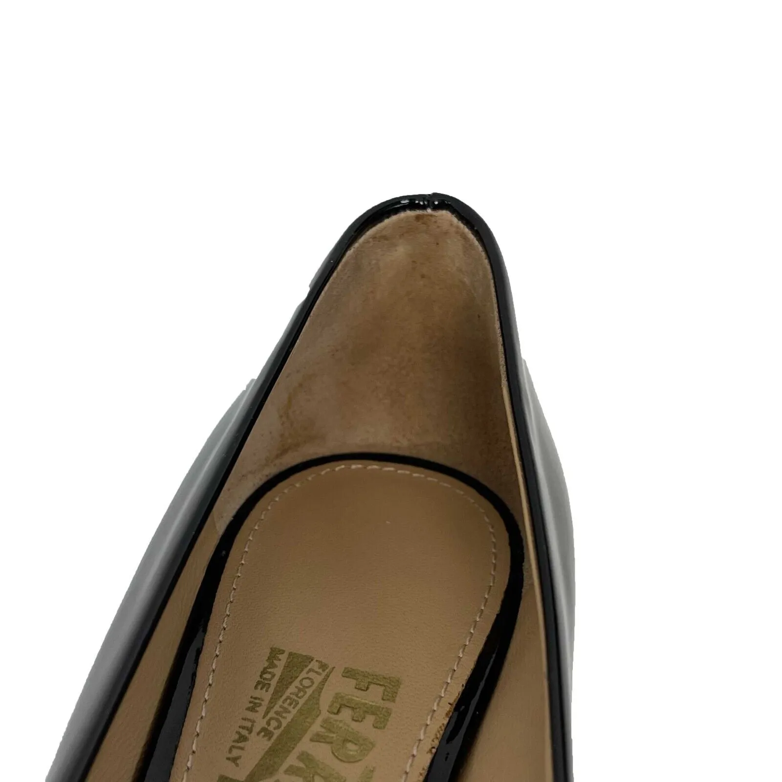 Salvatore Ferragamo - Pola Vera Bow Patent Black Leather Peep Toe Pumps - Size 7