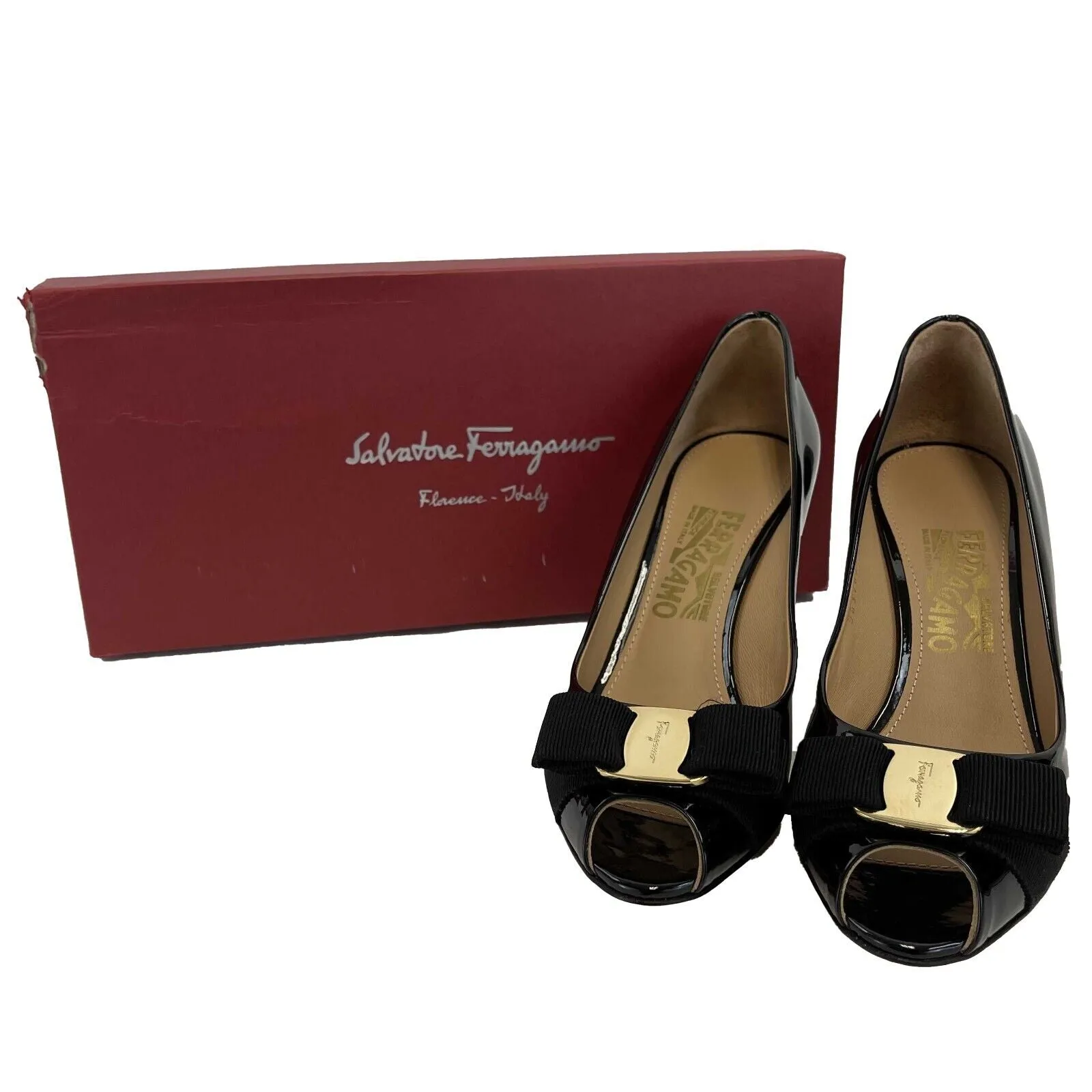 Salvatore Ferragamo - Pola Vera Bow Patent Black Leather Peep Toe Pumps - Size 7