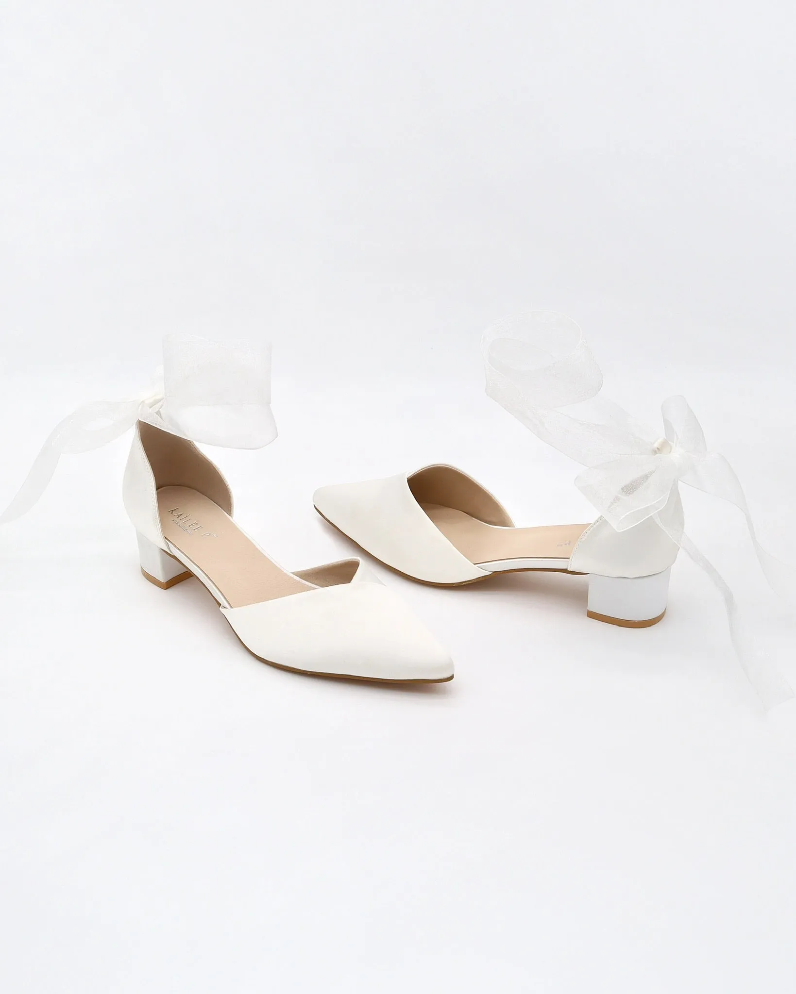 Satin Pointy Toe Low Block Heels Wedding Shoes with Wrapped Ribbon Tie