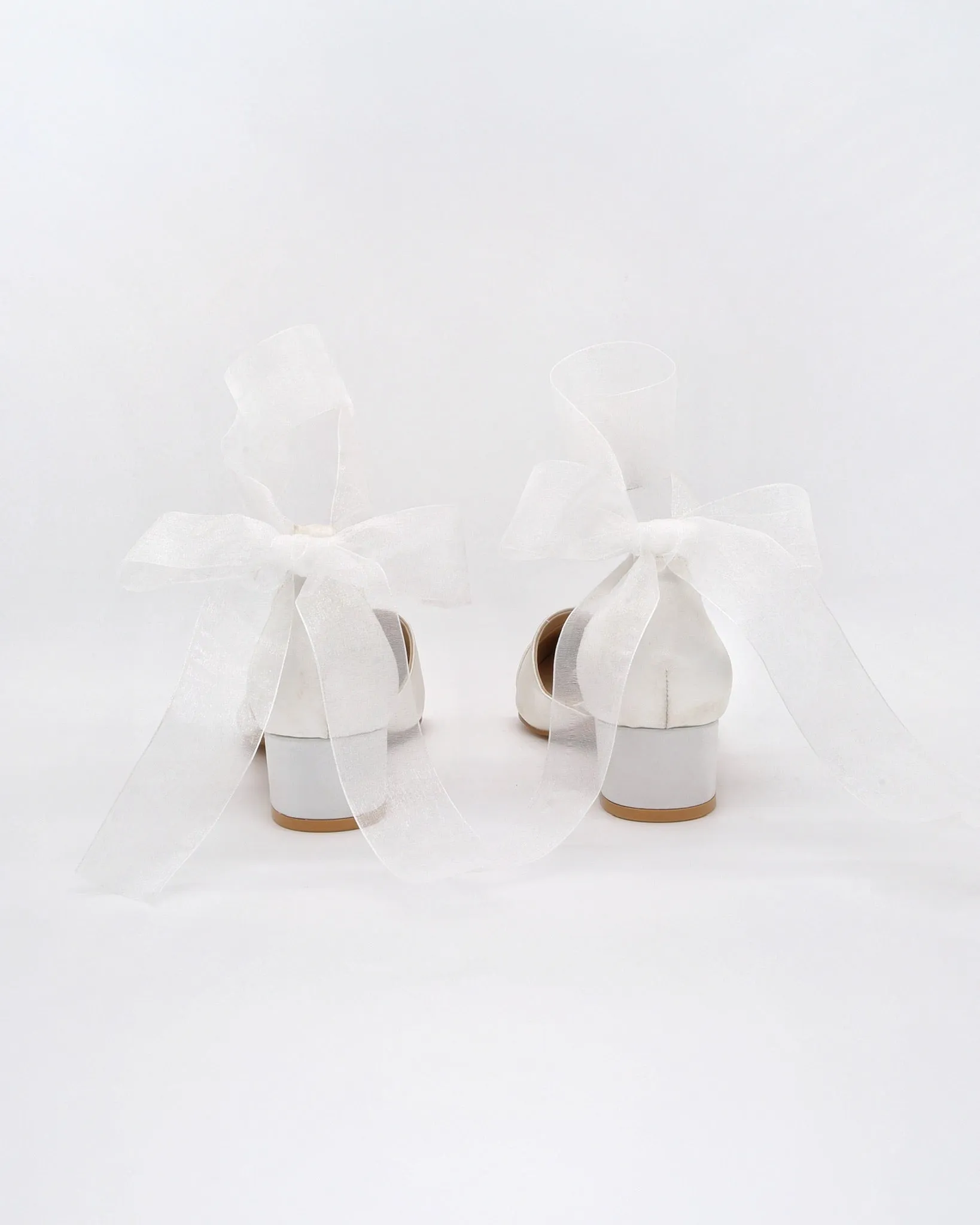 Satin Pointy Toe Low Block Heels Wedding Shoes with Wrapped Ribbon Tie