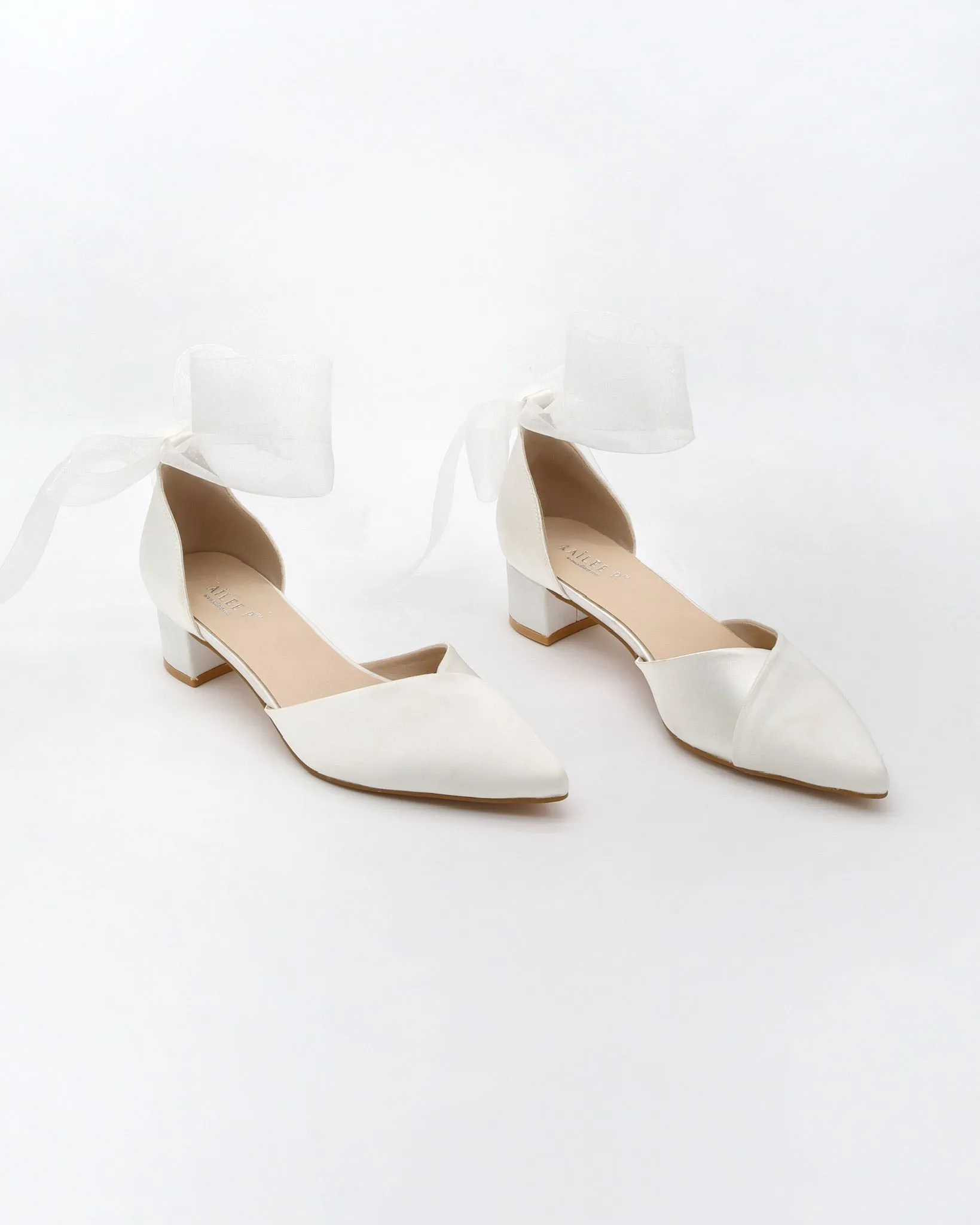 Satin Pointy Toe Low Block Heels Wedding Shoes with Wrapped Ribbon Tie