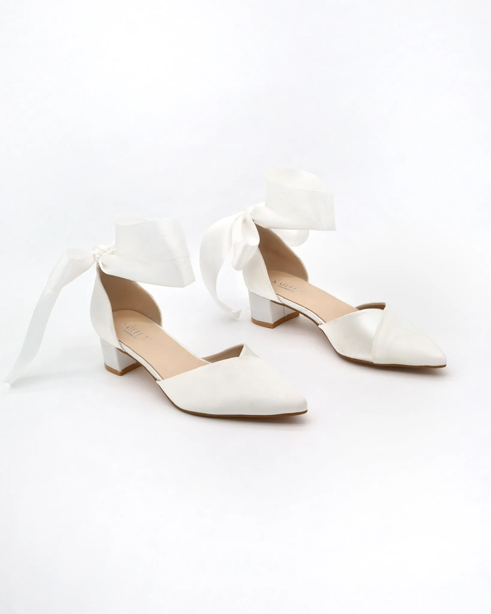 Satin Pointy Toe Low Block Heels Wedding Shoes with Wrapped Ribbon Tie