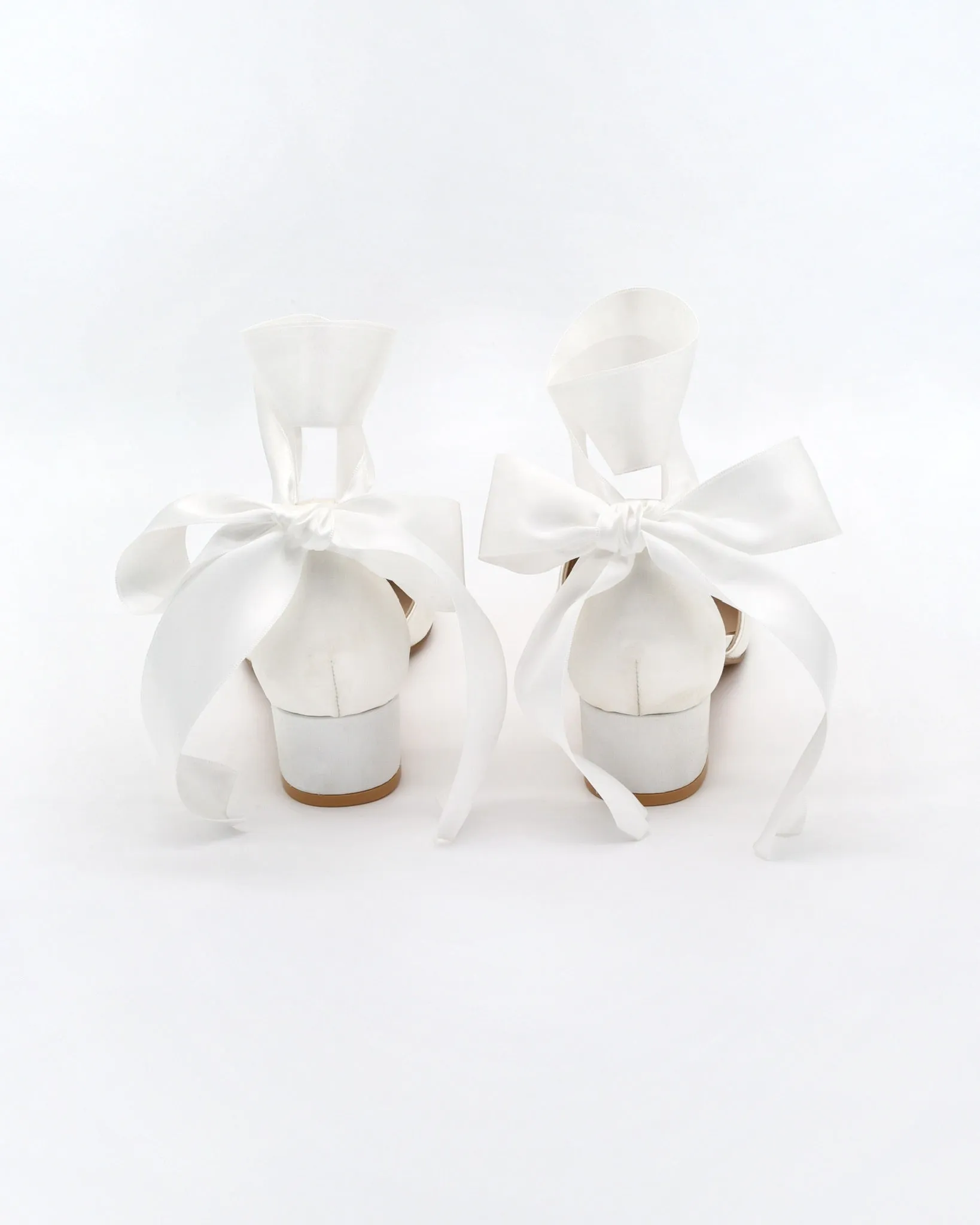 Satin Pointy Toe Low Block Heels Wedding Shoes with Wrapped Ribbon Tie