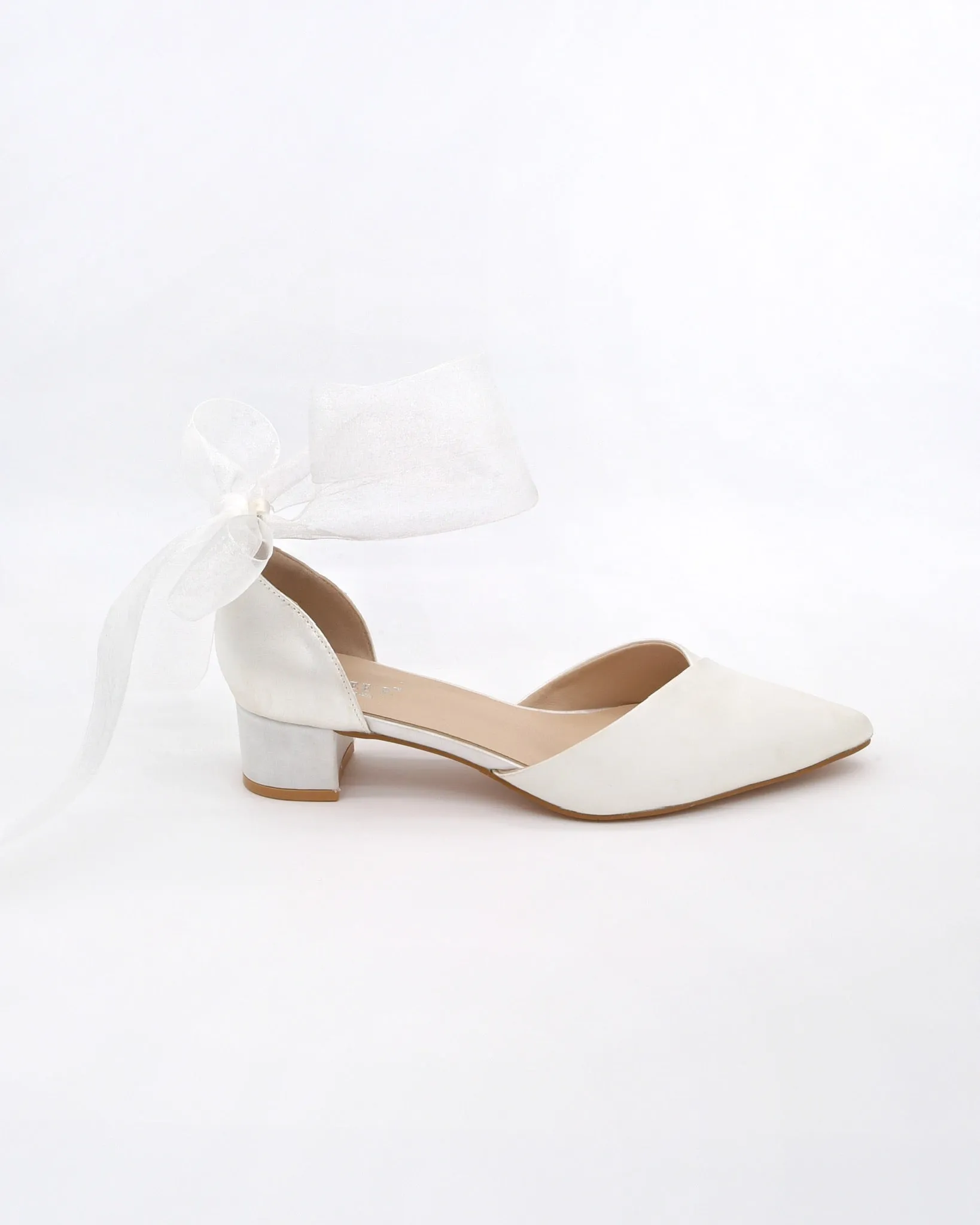 Satin Pointy Toe Low Block Heels Wedding Shoes with Wrapped Ribbon Tie