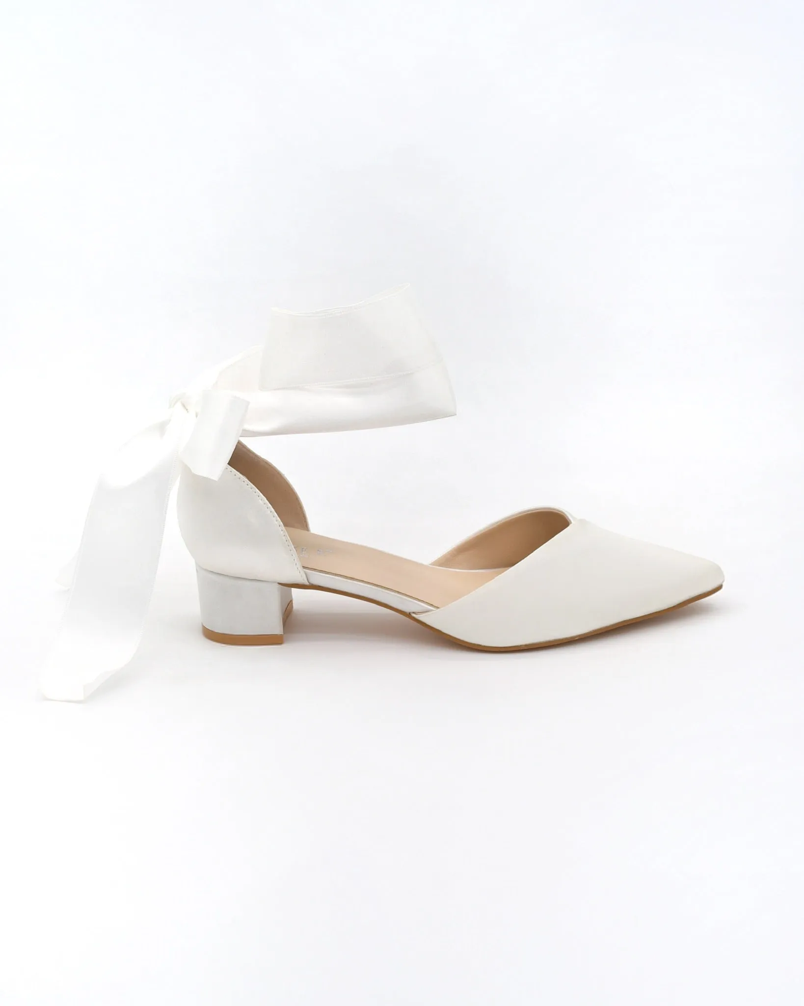 Satin Pointy Toe Low Block Heels Wedding Shoes with Wrapped Ribbon Tie