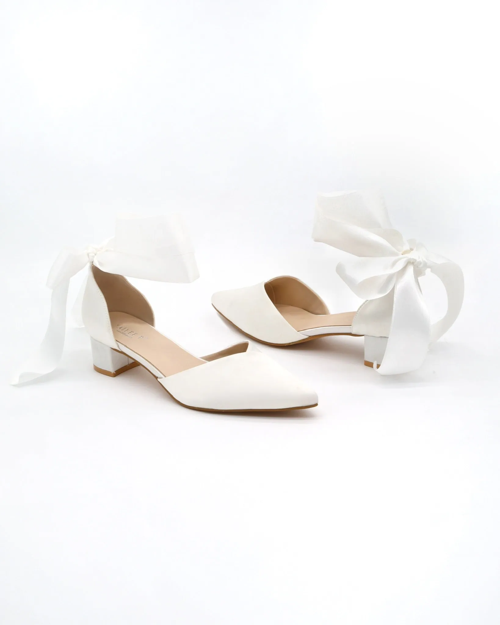 Satin Pointy Toe Low Block Heels Wedding Shoes with Wrapped Ribbon Tie