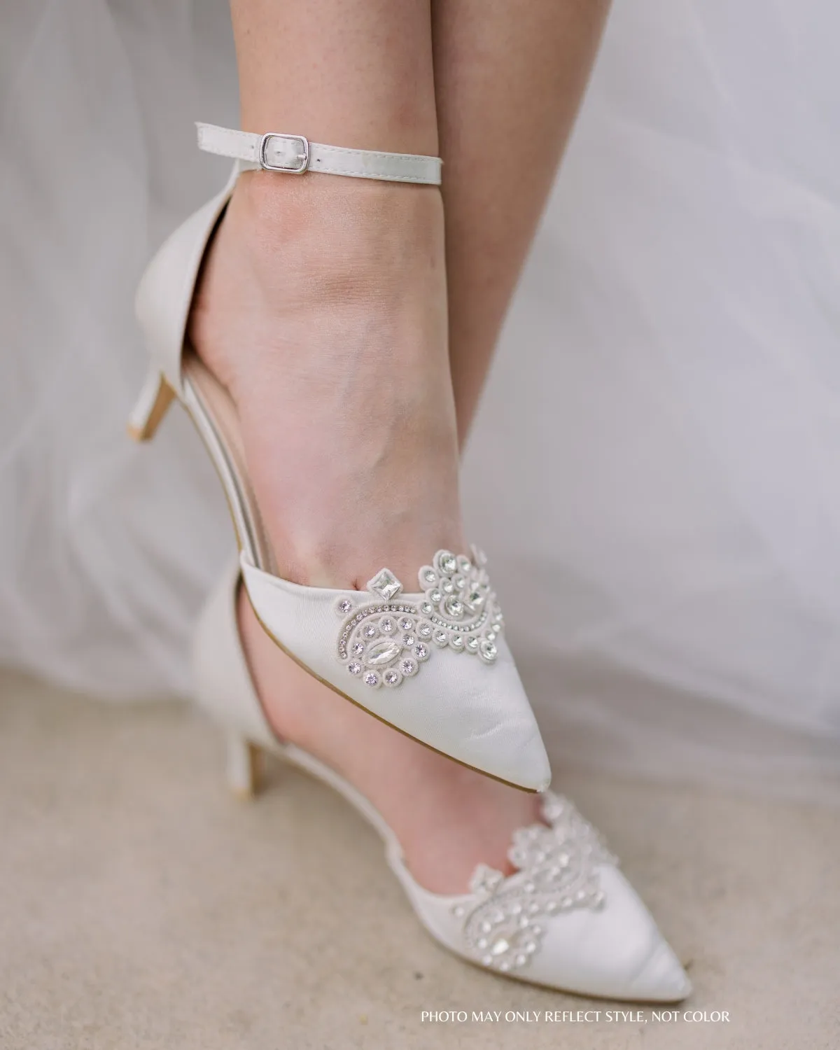 Satin Pointy Toe Low Heels with Rhinestones Applique