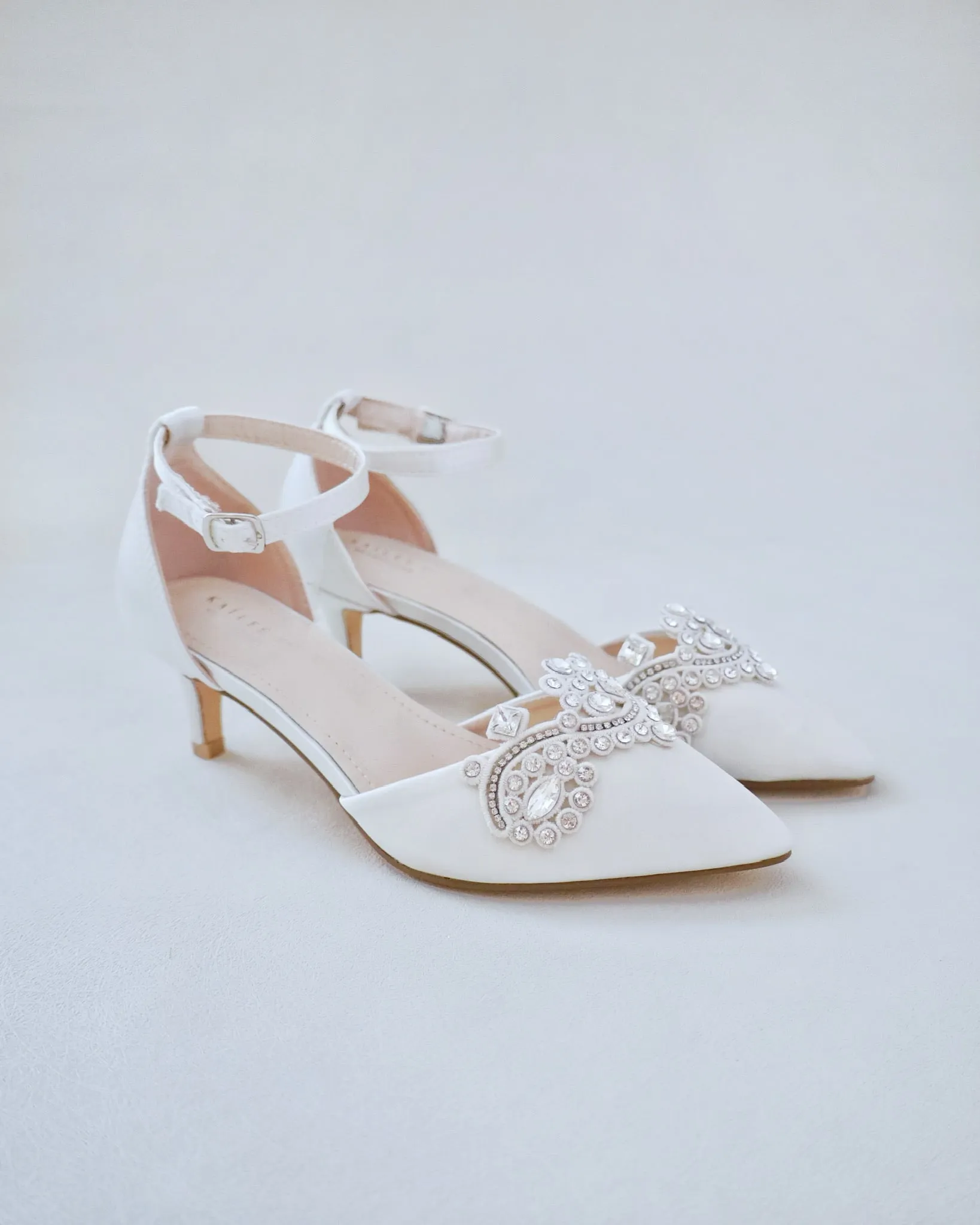 Satin Pointy Toe Low Heels with Rhinestones Applique