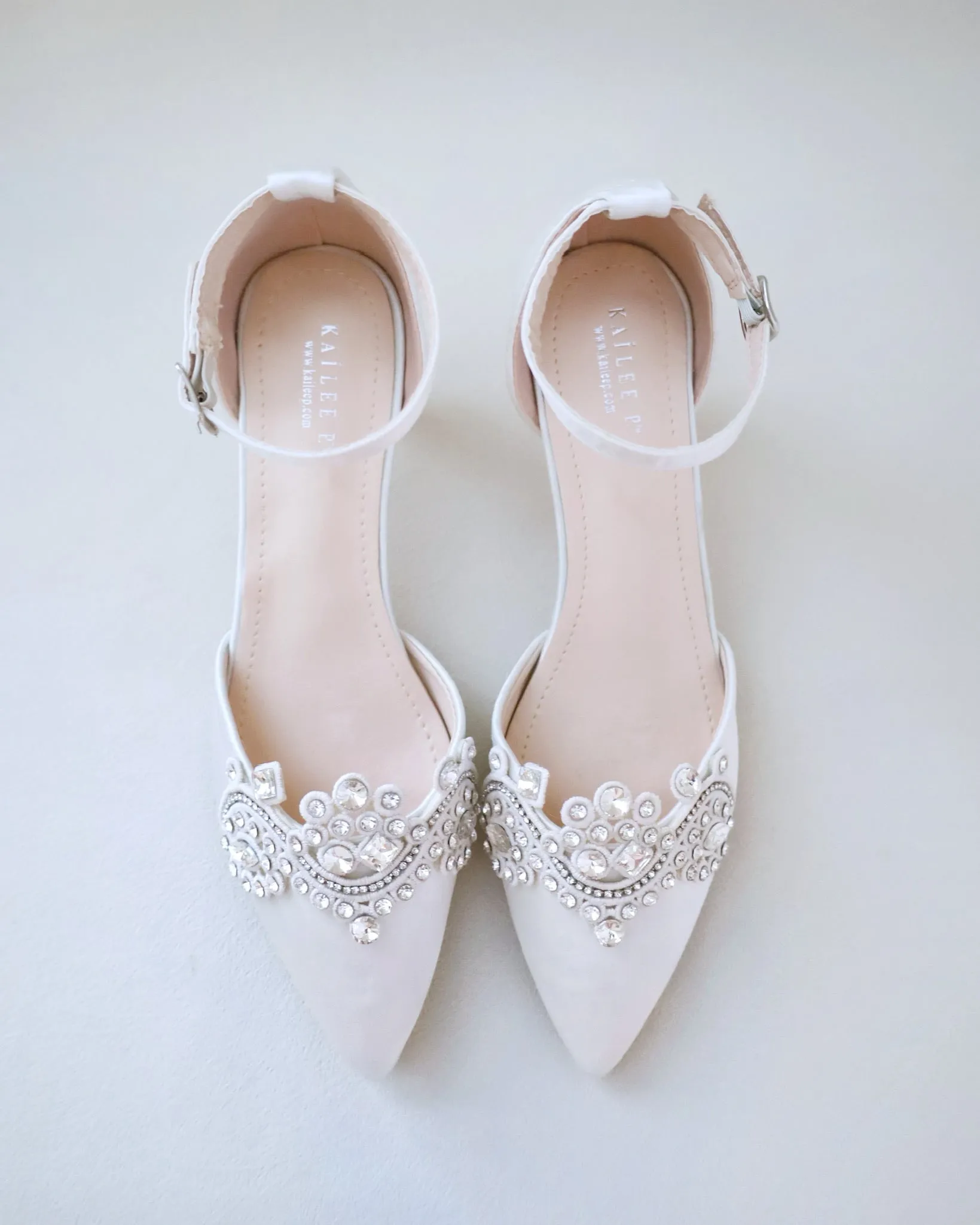 Satin Pointy Toe Low Heels with Rhinestones Applique