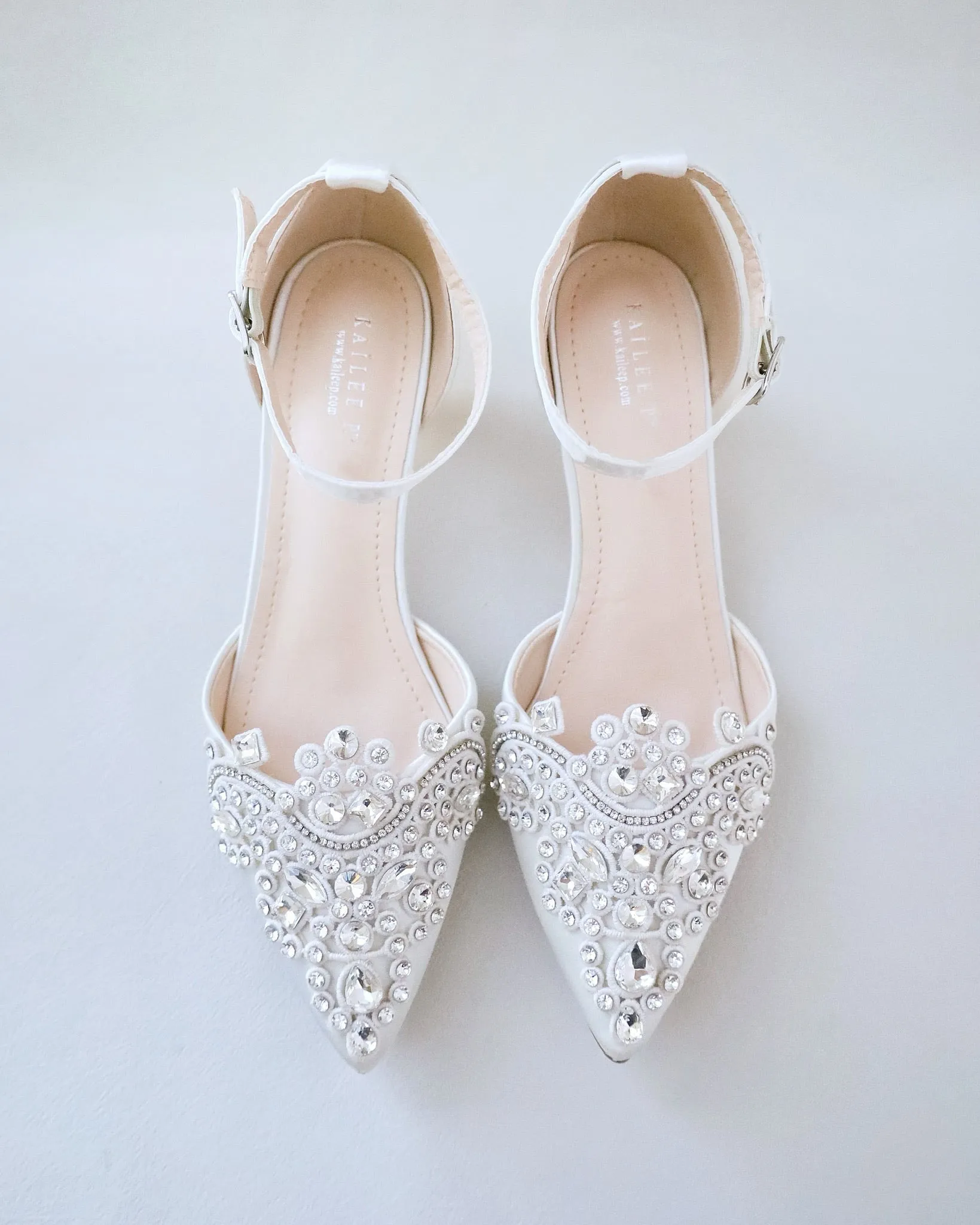 Satin Pointy Toe Low Heels with Rhinestones Applique