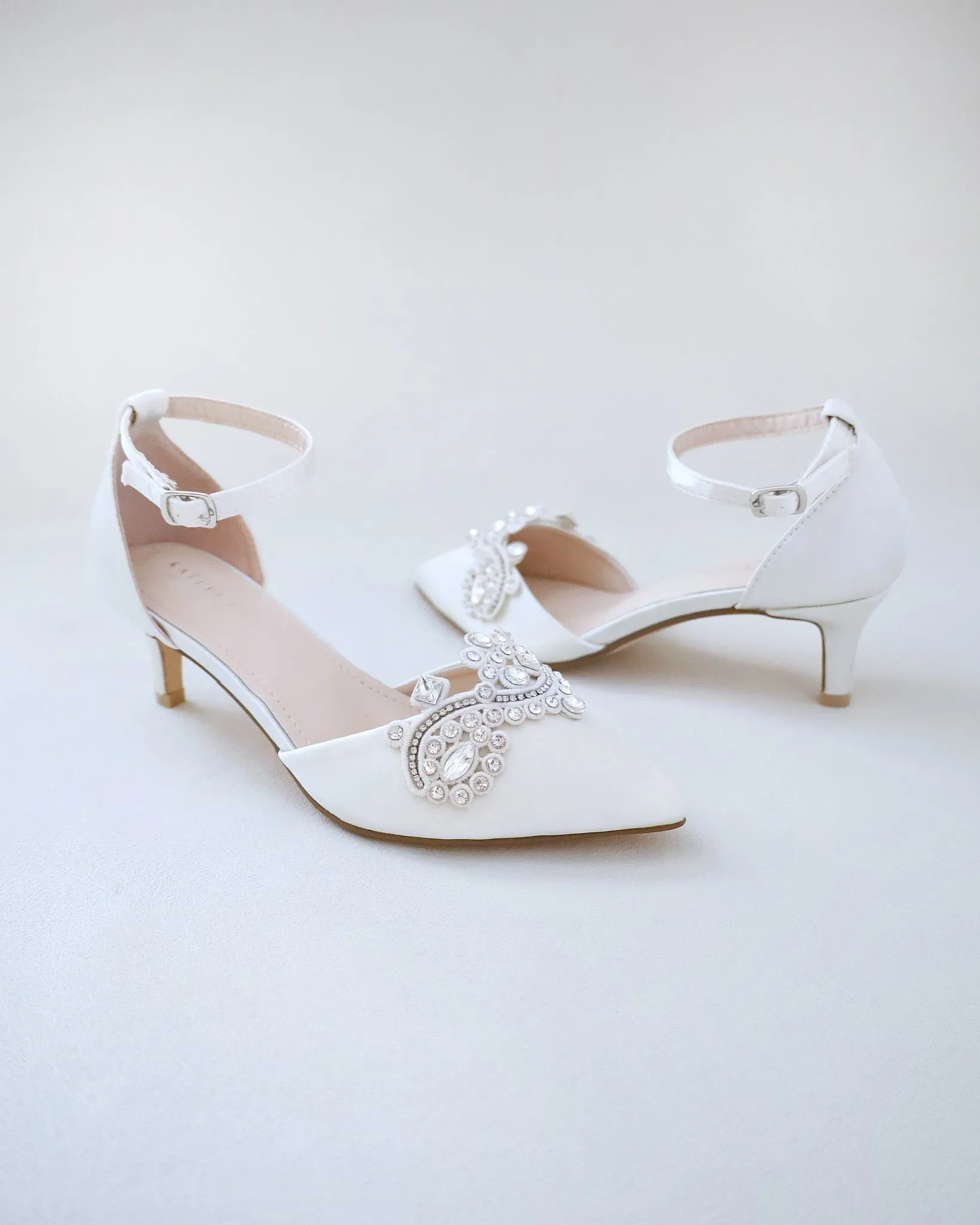 Satin Pointy Toe Low Heels with Rhinestones Applique