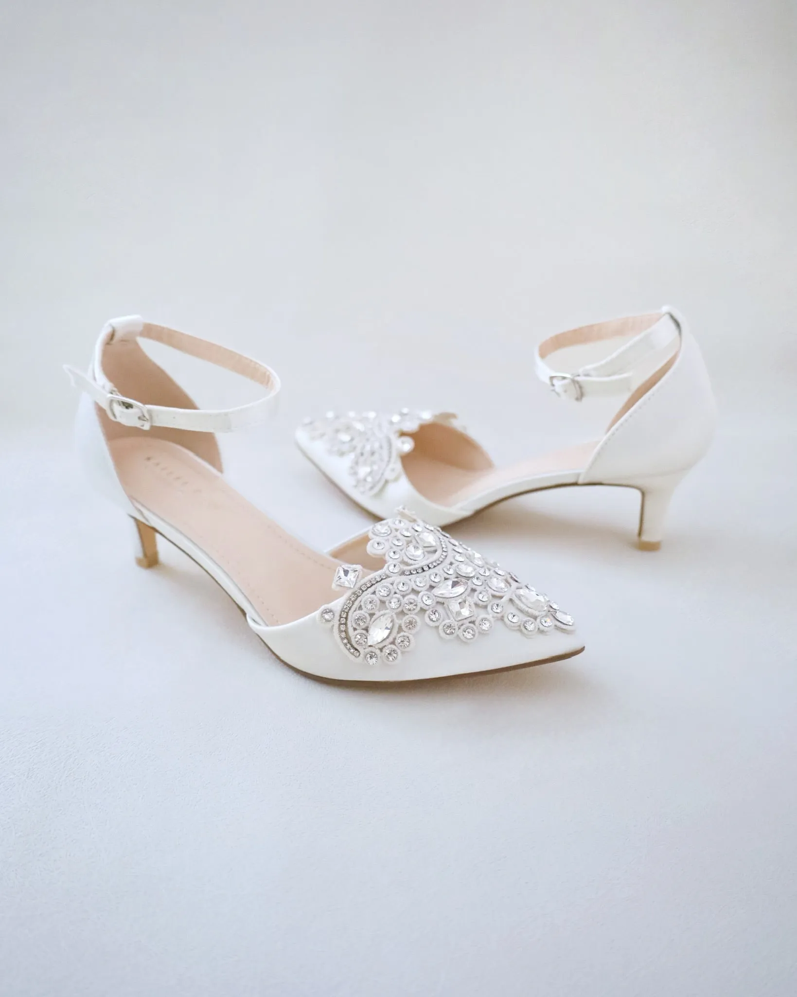 Satin Pointy Toe Low Heels with Rhinestones Applique