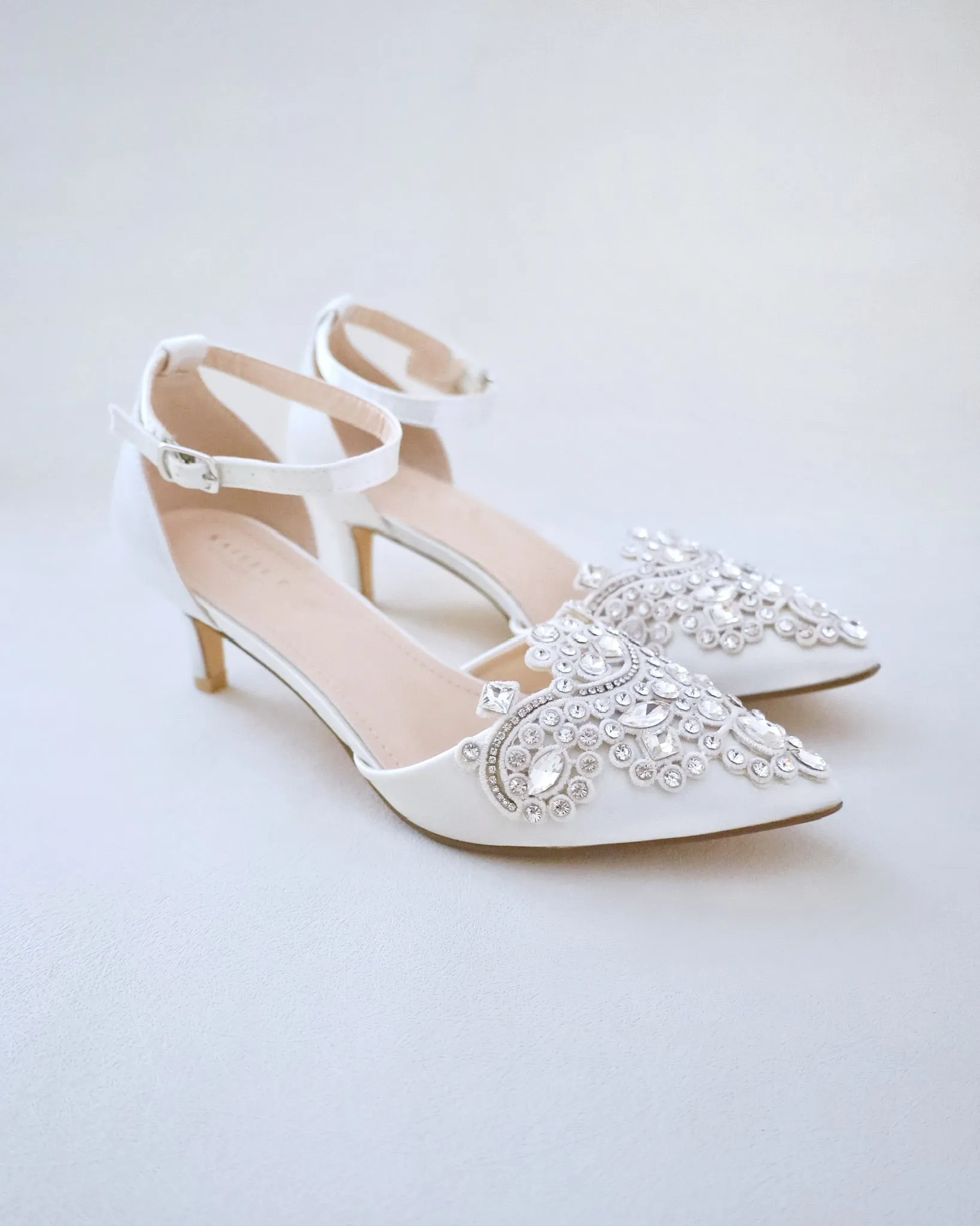 Satin Pointy Toe Low Heels with Rhinestones Applique