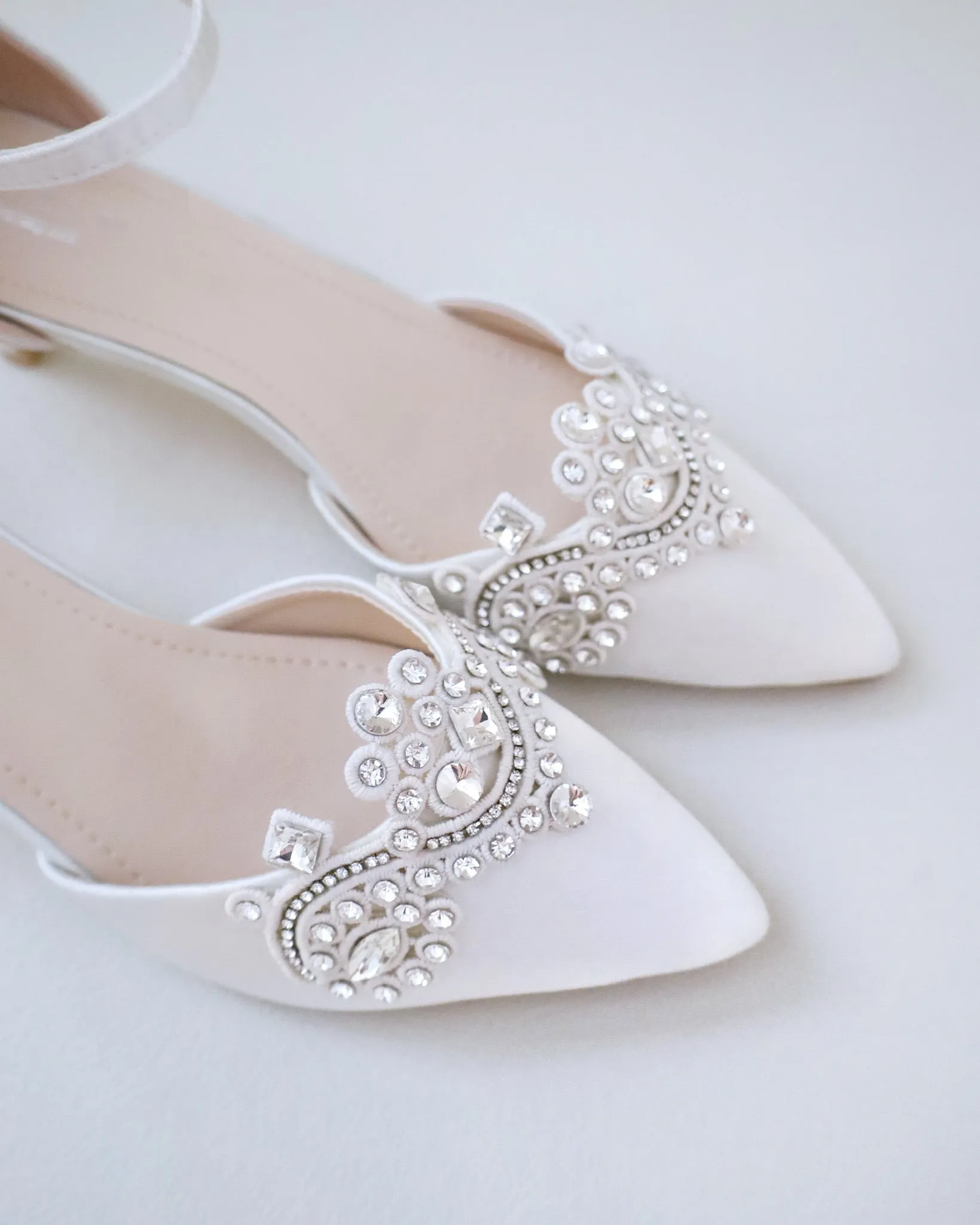 Satin Pointy Toe Low Heels with Rhinestones Applique
