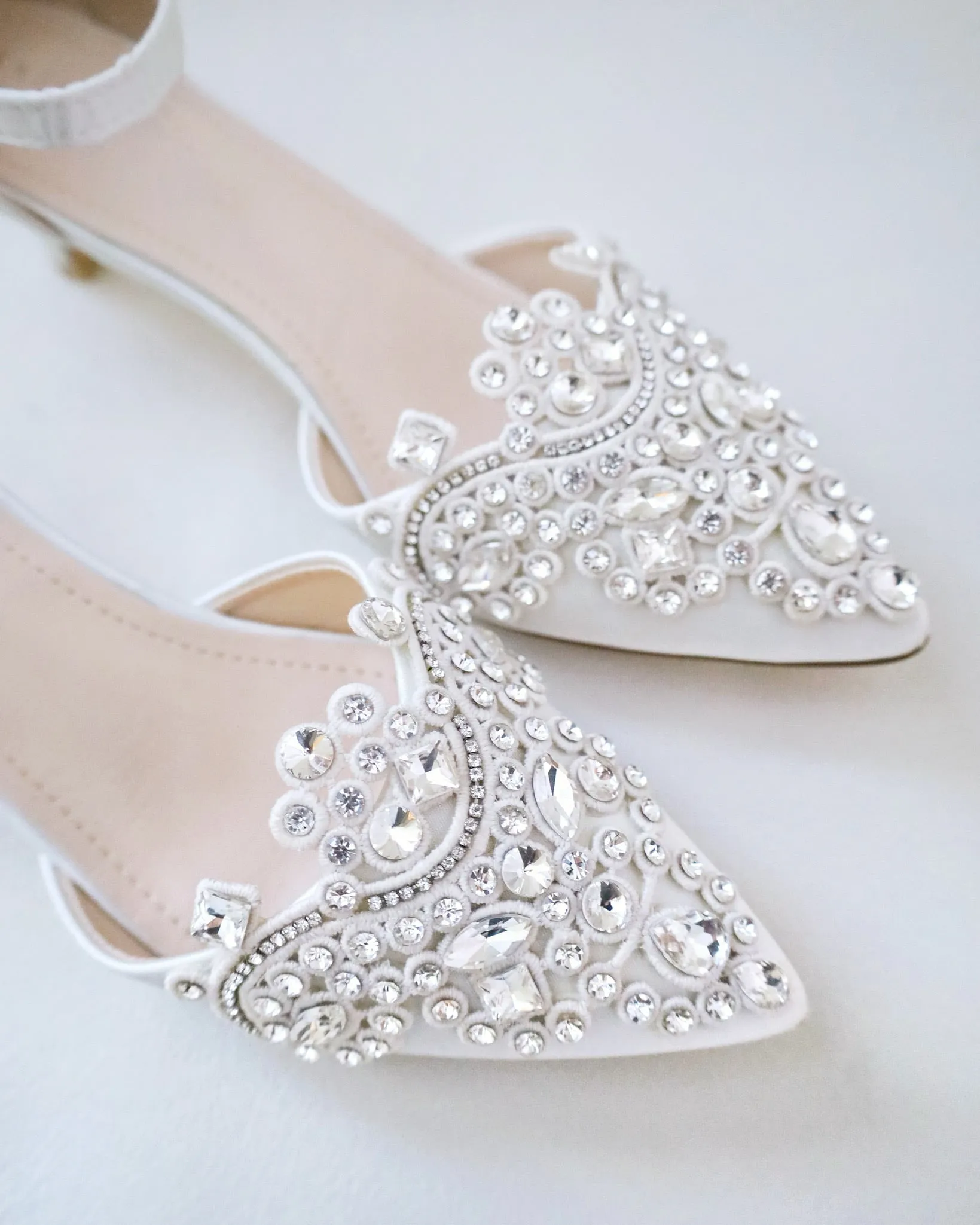 Satin Pointy Toe Low Heels with Rhinestones Applique