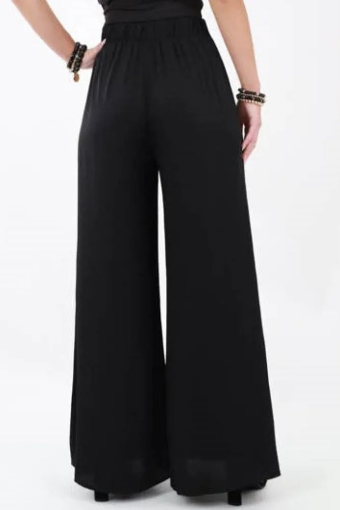 Silk Tie Waist Pants -Black