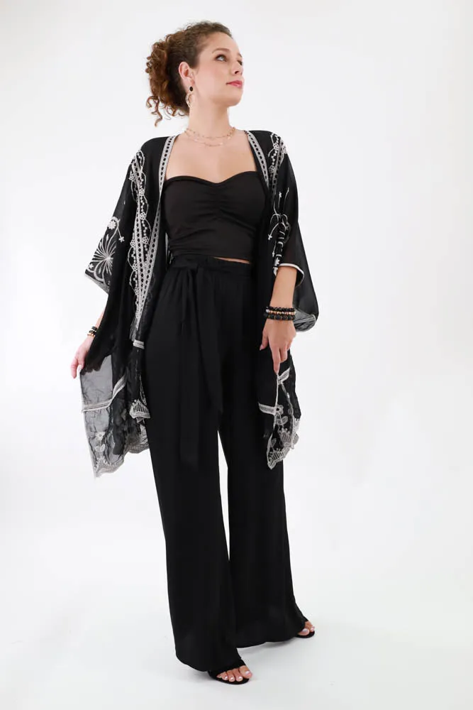 Silk Tie Waist Pants -Black