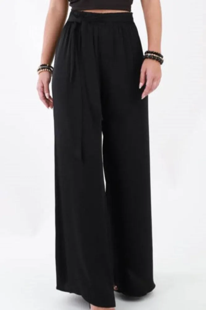Silk Tie Waist Pants -Black