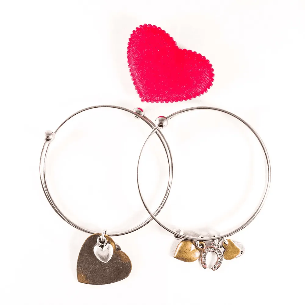 Silver Plated Bangle With Bronze Heart Charms