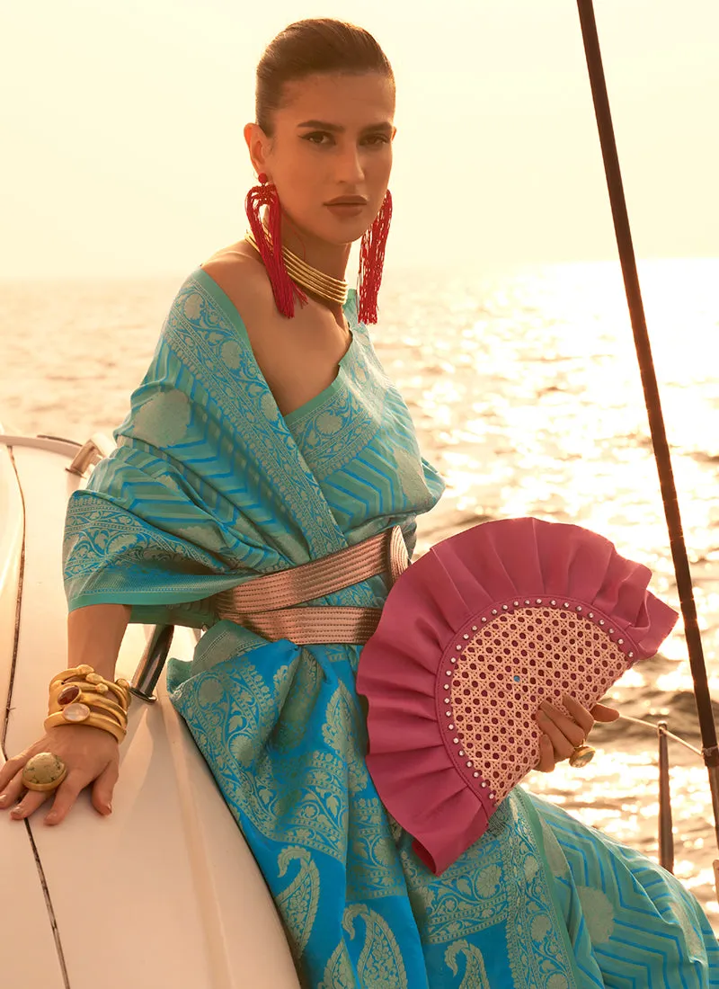 Sky Blue Two Tone Zari Weaved Satin Silk Saree