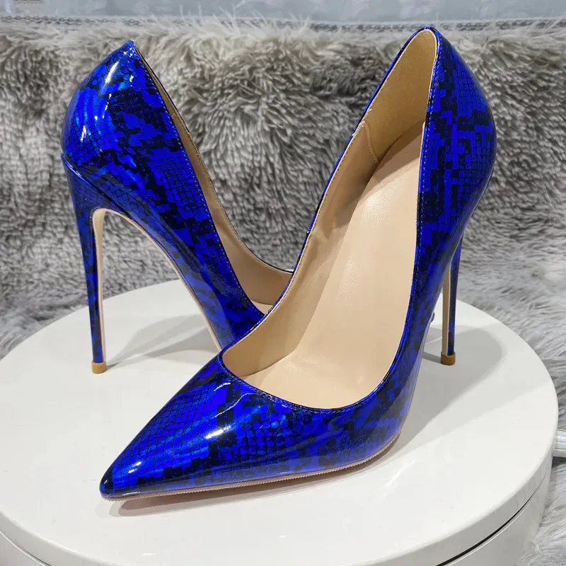 Snake high heels blue Printing Leather Women Super High Heels
