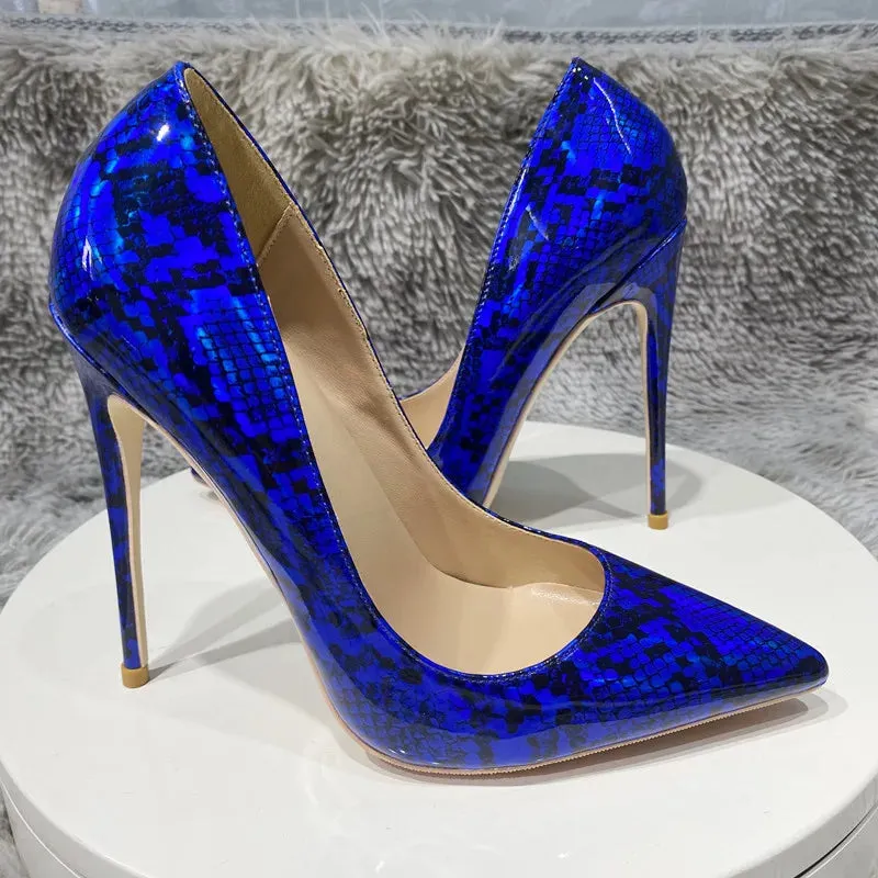 Snake high heels blue Printing Leather Women Super High Heels