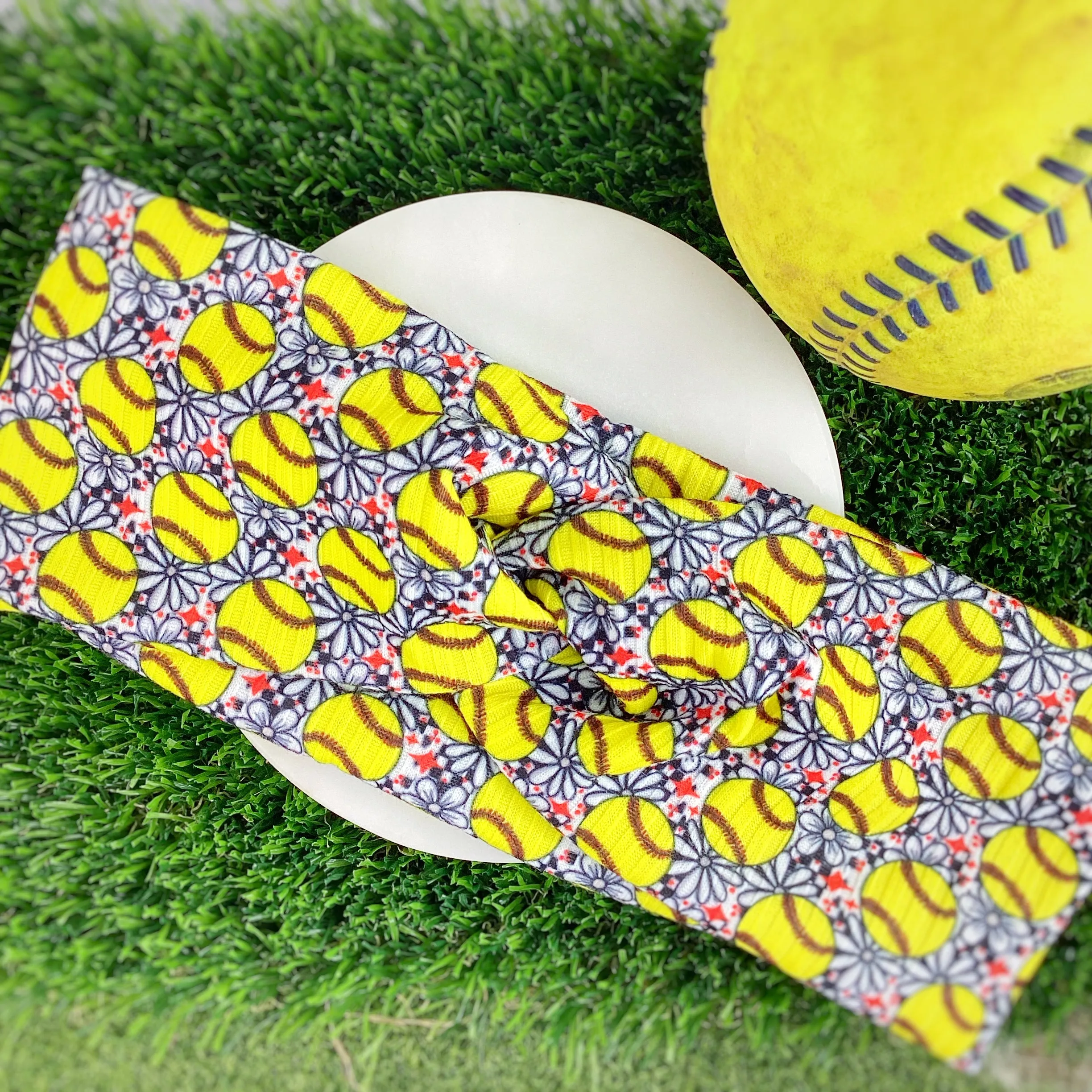 Softballs and Flowers Bow Strip, Headband and Scrunchie Collection