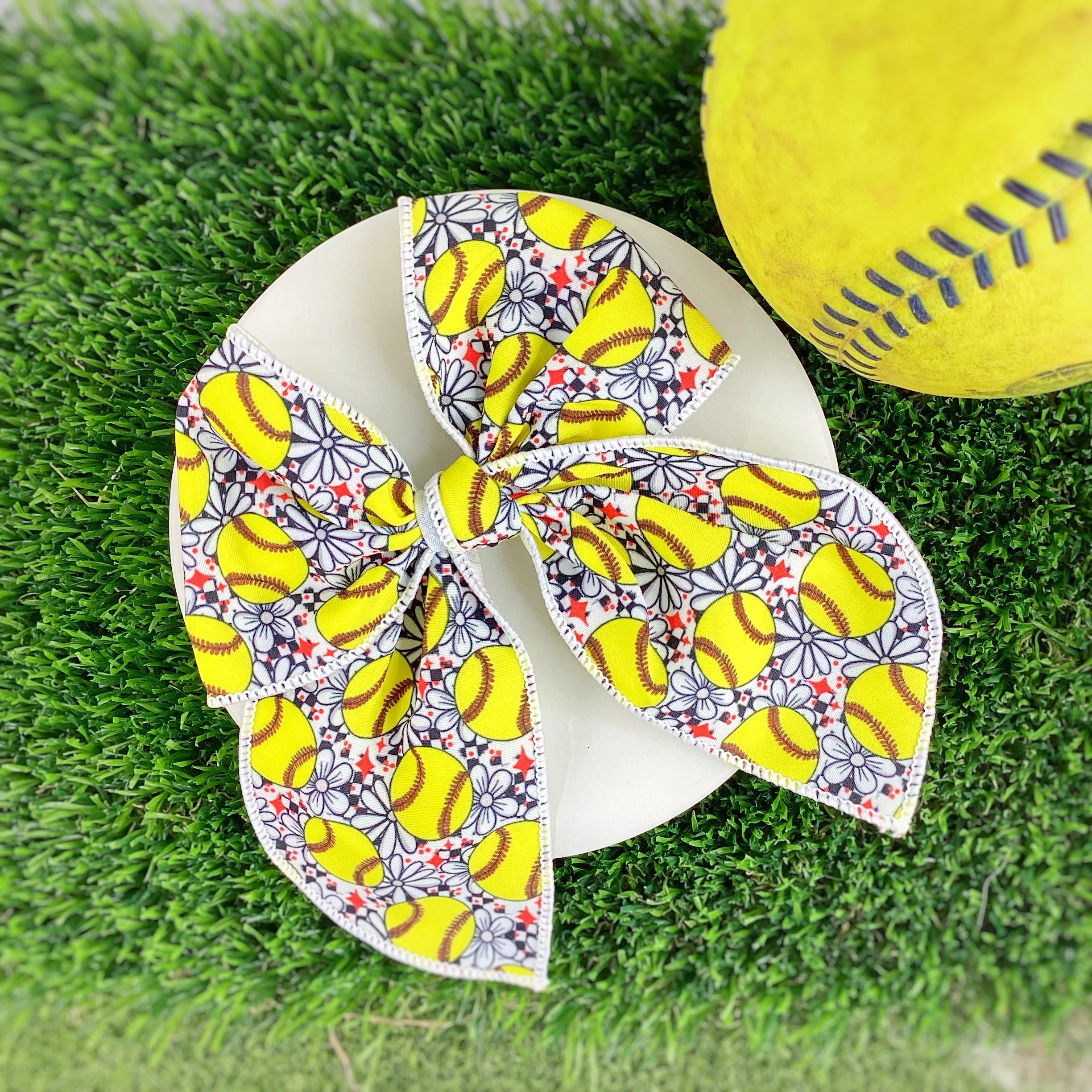 Softballs and Flowers Bow Strip, Headband and Scrunchie Collection