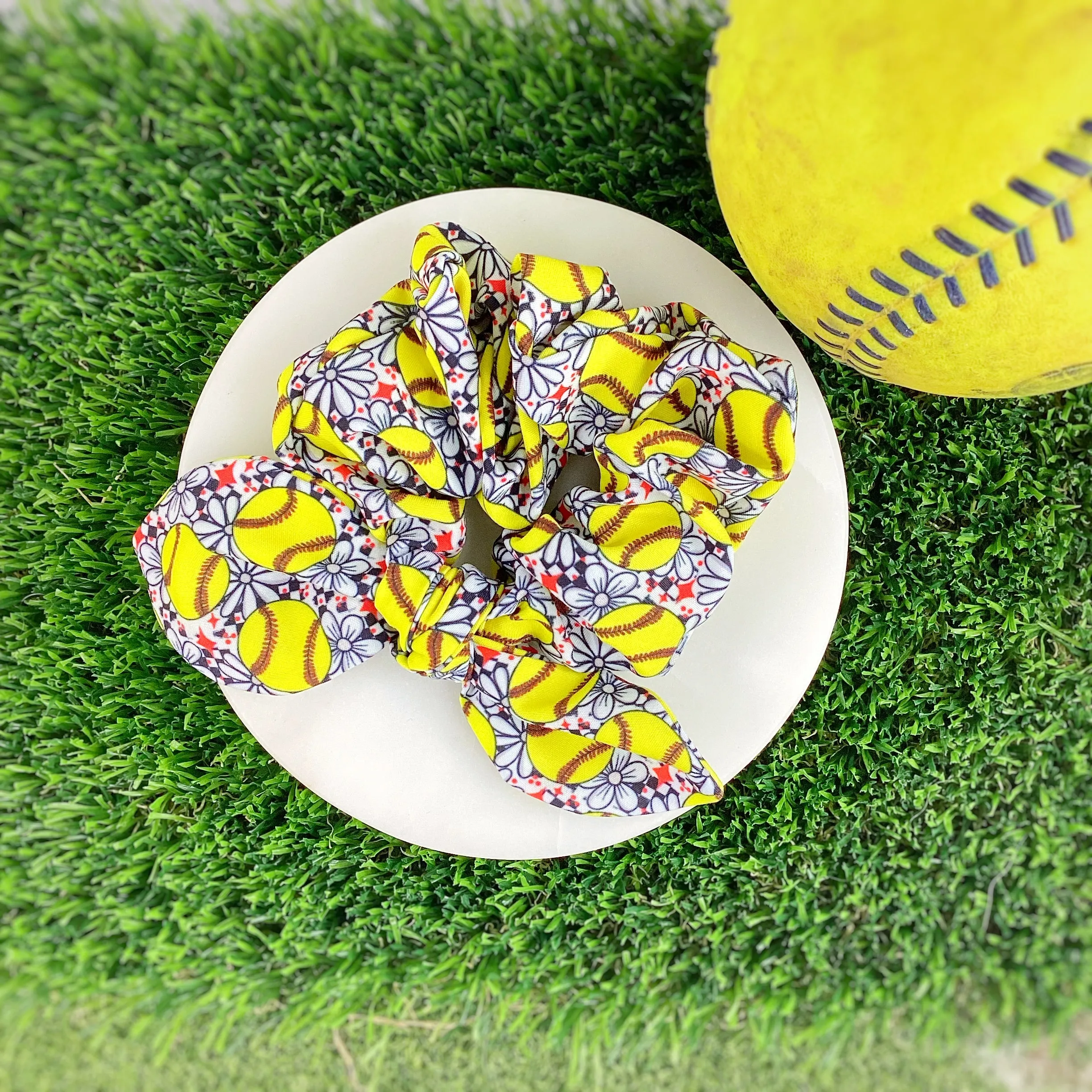 Softballs and Flowers Bow Strip, Headband and Scrunchie Collection
