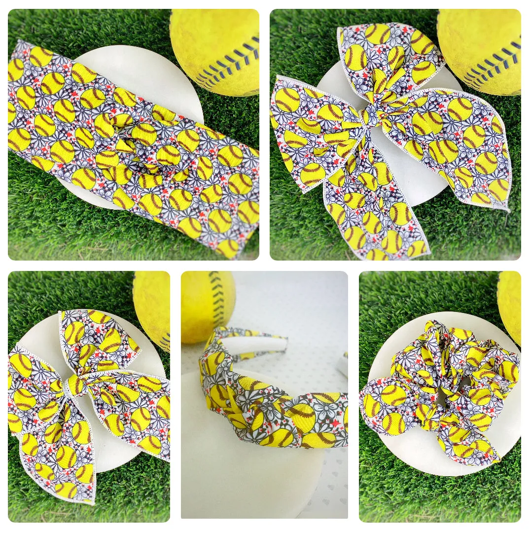 Softballs and Flowers Bow Strip, Headband and Scrunchie Collection
