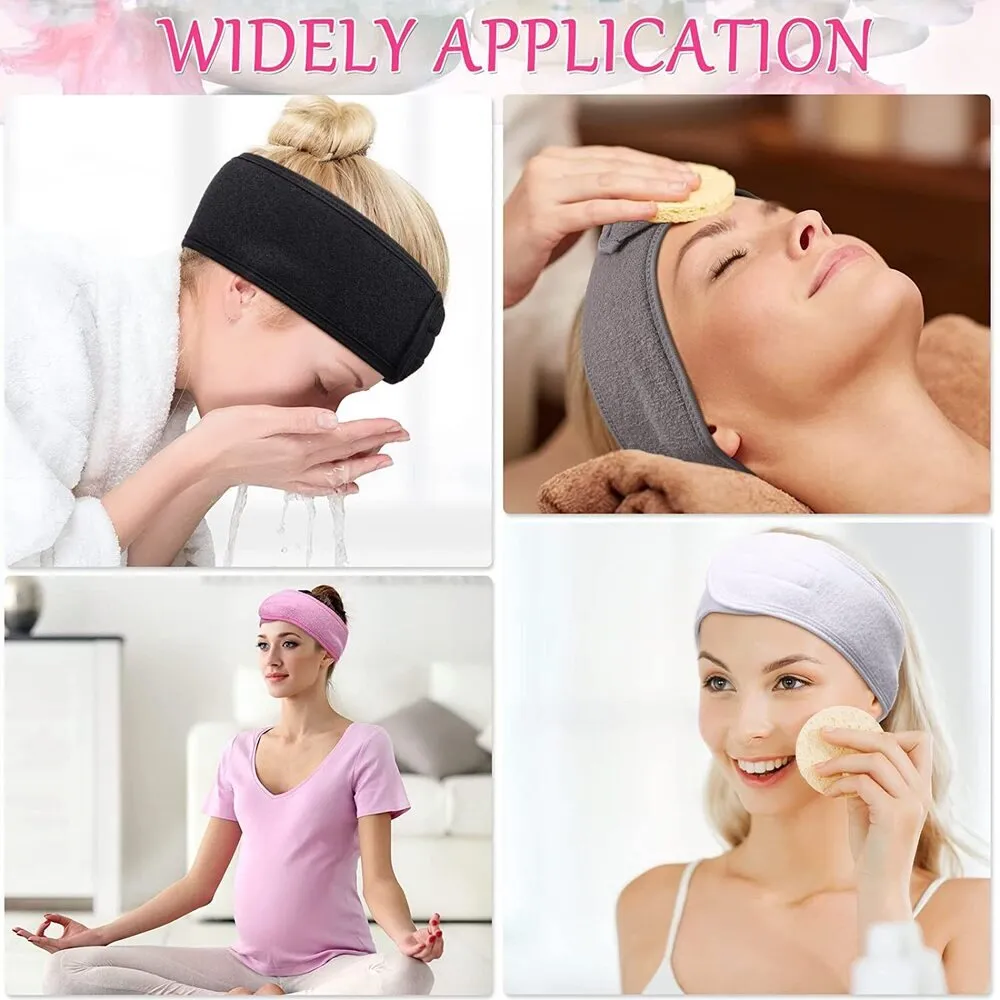 Spa Facial Terry Cloth Stretch Headbands with Hook and Loop Closure / 24 Pack - (6) White   (6) Pink   (6) Grey   (6) Black