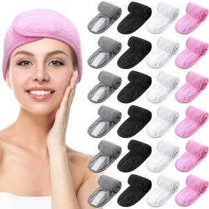 Spa Facial Terry Cloth Stretch Headbands with Hook and Loop Closure / 24 Pack - (6) White   (6) Pink   (6) Grey   (6) Black