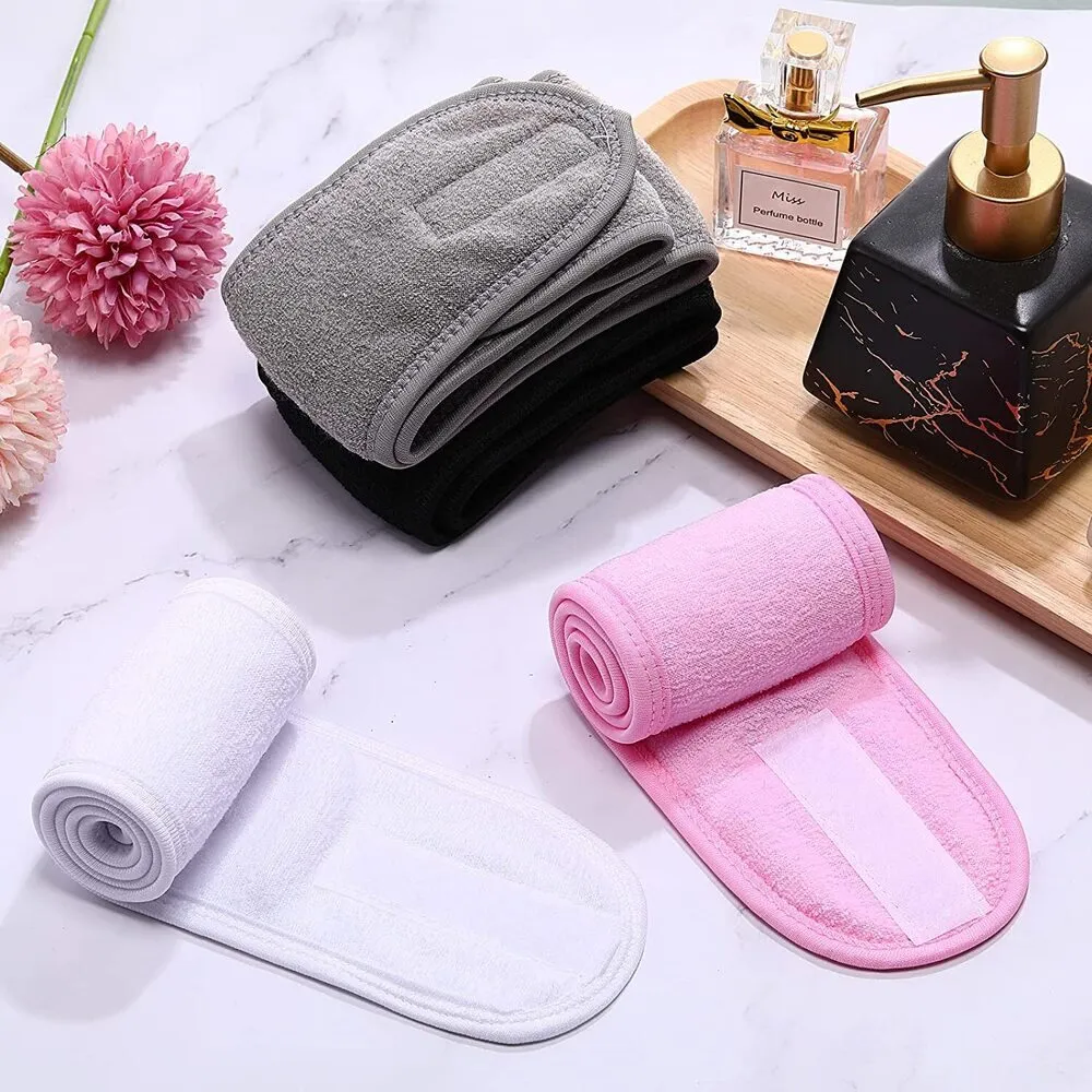 Spa Facial Terry Cloth Stretch Headbands with Hook and Loop Closure / 24 Pack - (6) White   (6) Pink   (6) Grey   (6) Black