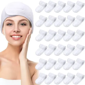 Spa Facial Terry Cloth Stretch Headbands with Hook and Loop Closure / 30 Pack - White