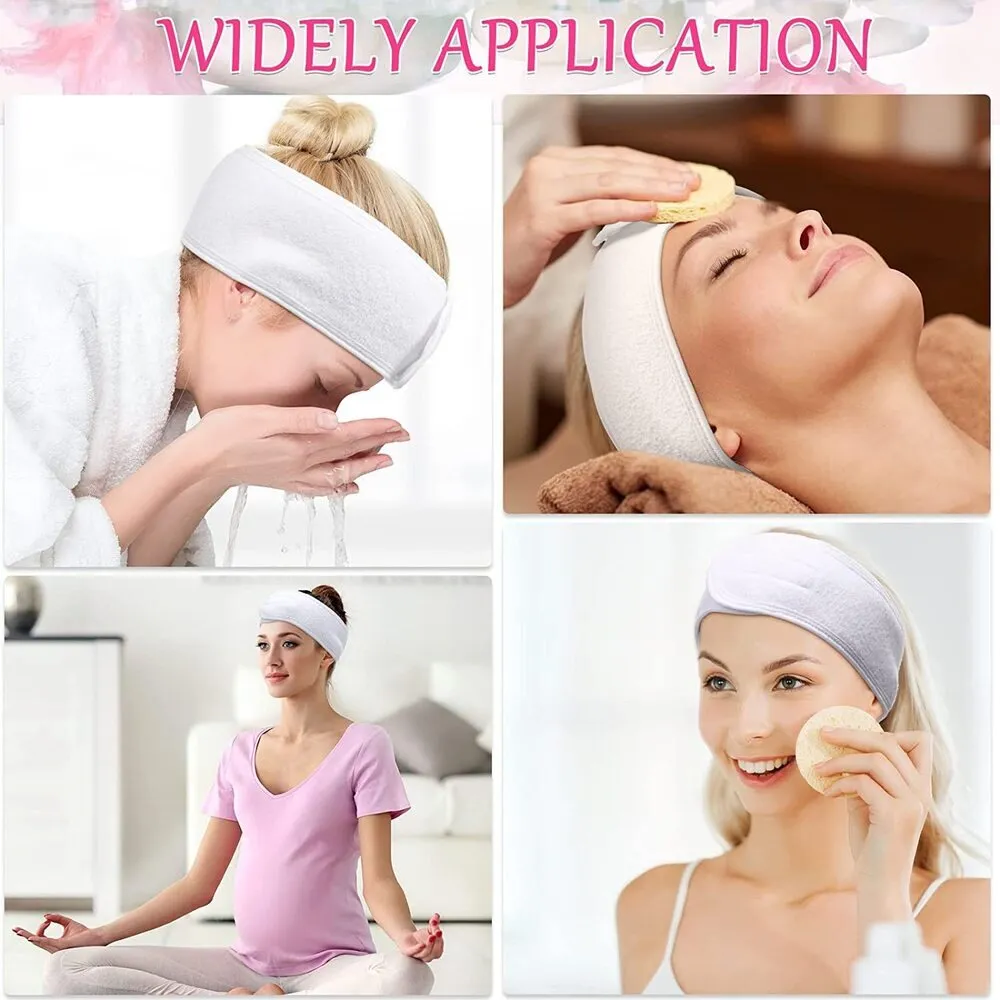 Spa Facial Terry Cloth Stretch Headbands with Hook and Loop Closure / 30 Pack - White