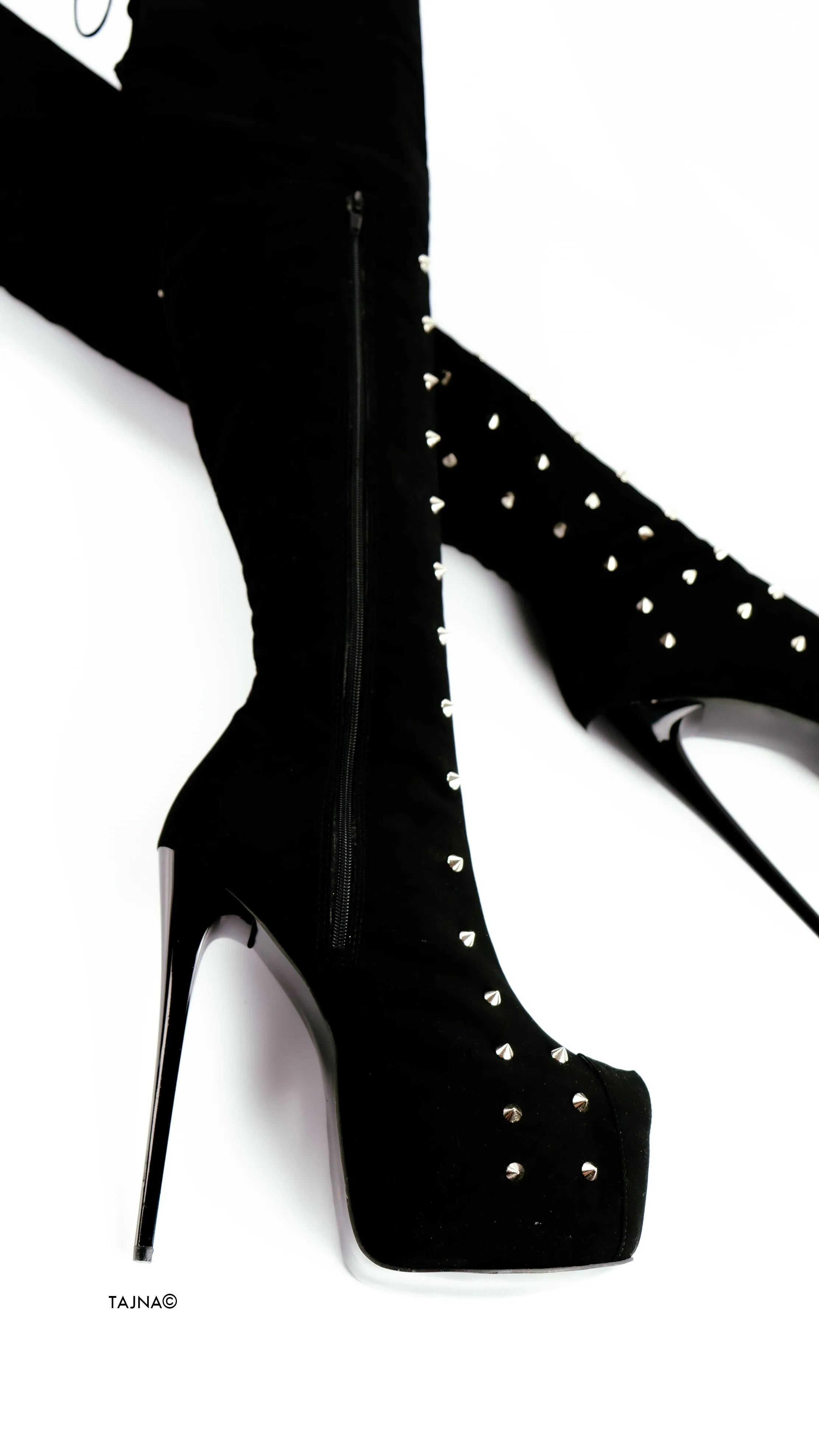 Spike Studs Black Suede Thigh Boots