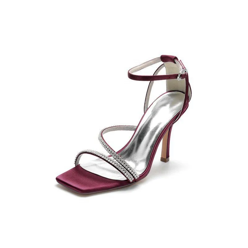 Square OpenToe Beaded Ankle Strap Satin Stiletto Heels