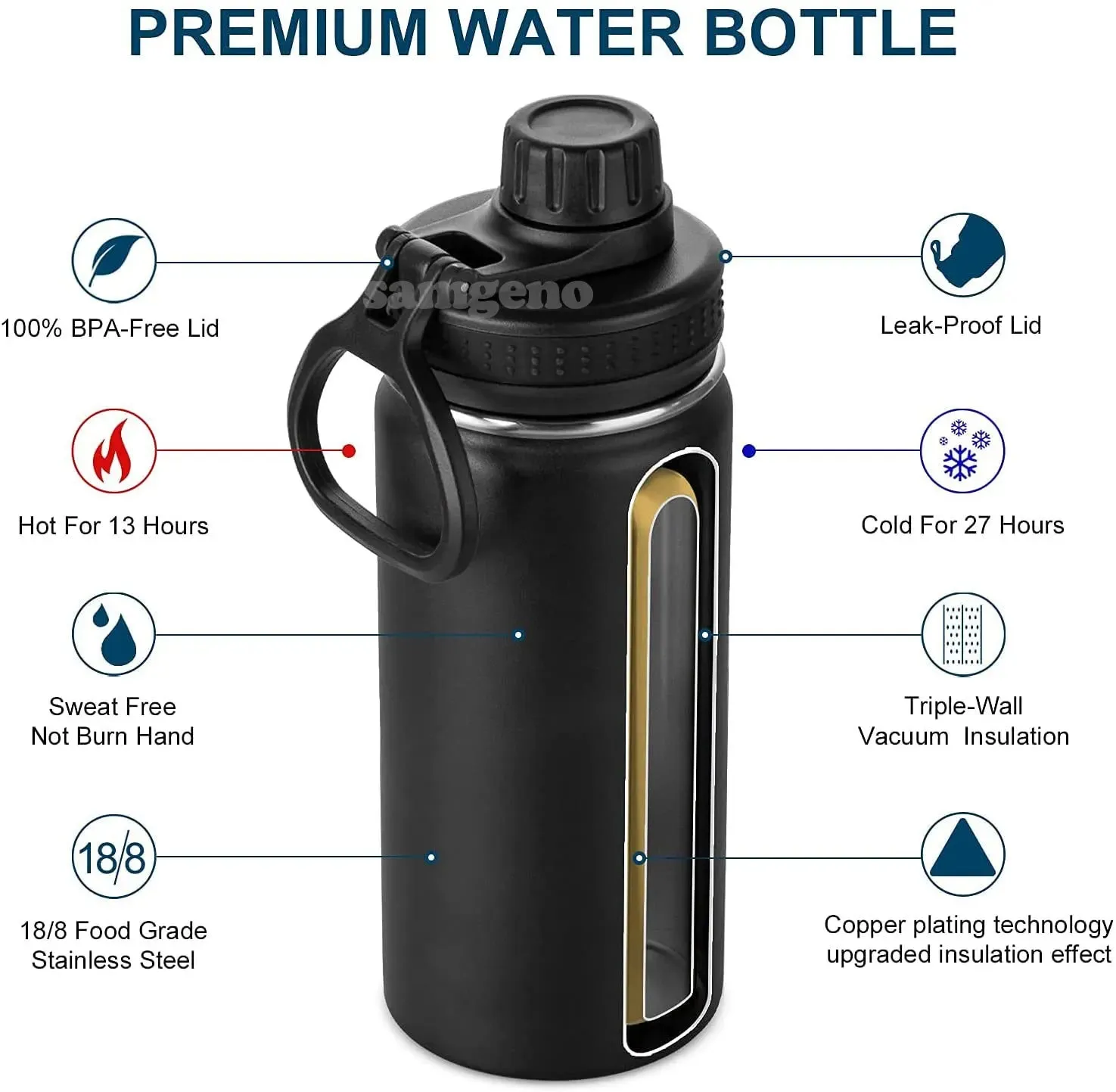 Stainless Steel Insulated Water Bottle - 1000ml 32 oz Double Wall Vacuum Wide Mouth Sport Bottle with Leakproof Spout Lid