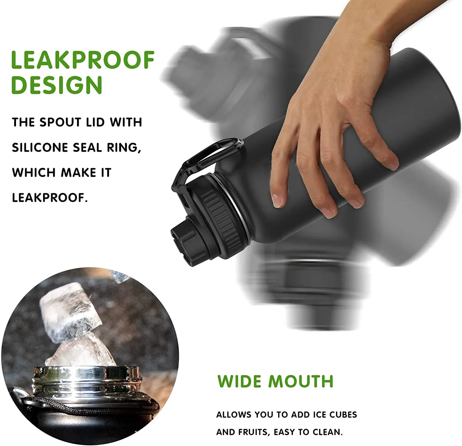 Stainless Steel Insulated Water Bottle - 1000ml 32 oz Double Wall Vacuum Wide Mouth Sport Bottle with Leakproof Spout Lid