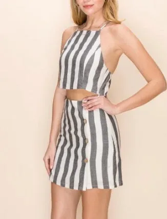 Stripe High Waist Button Two Pocket Skort