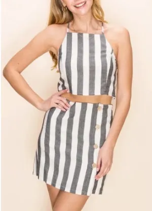 Stripe High Waist Button Two Pocket Skort