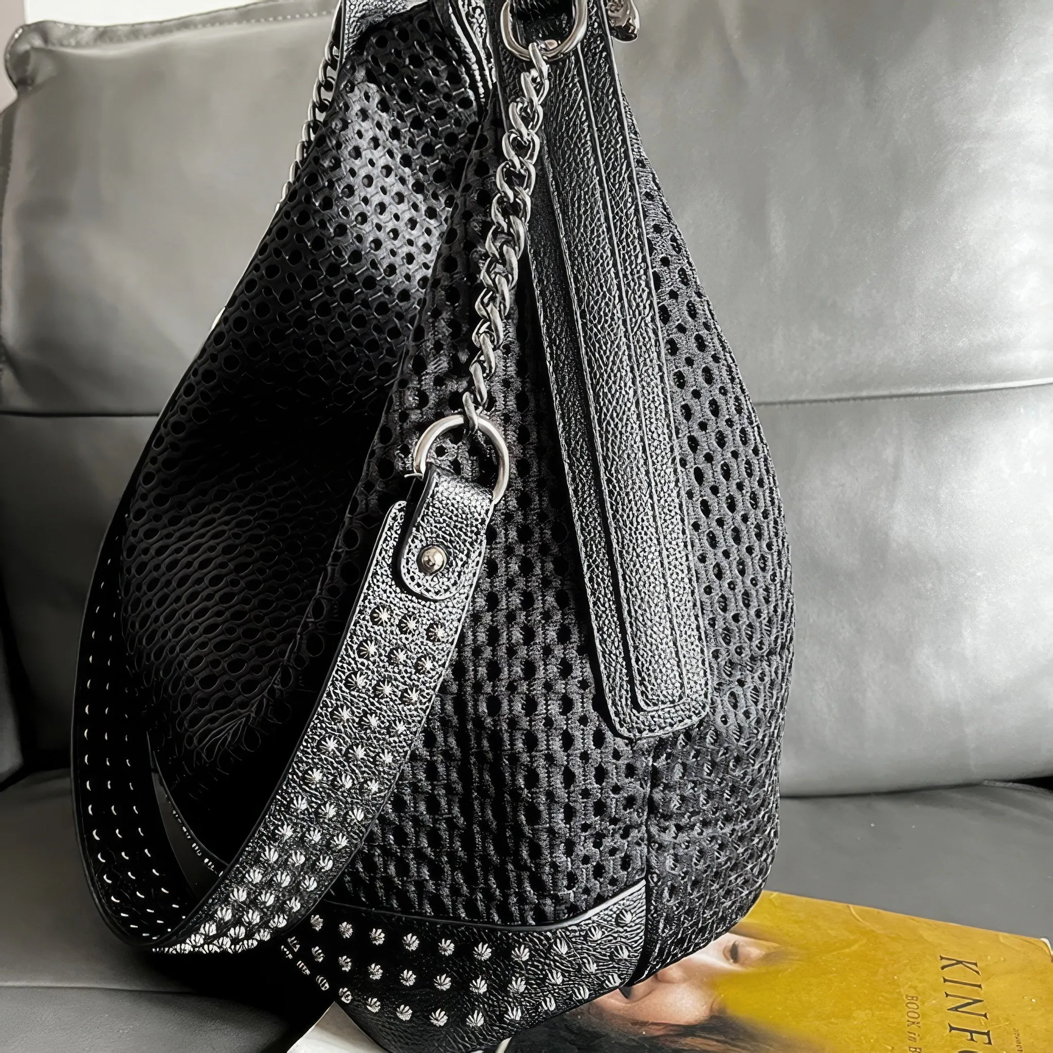 Studded Mesh Chain Strap Hobo Bag