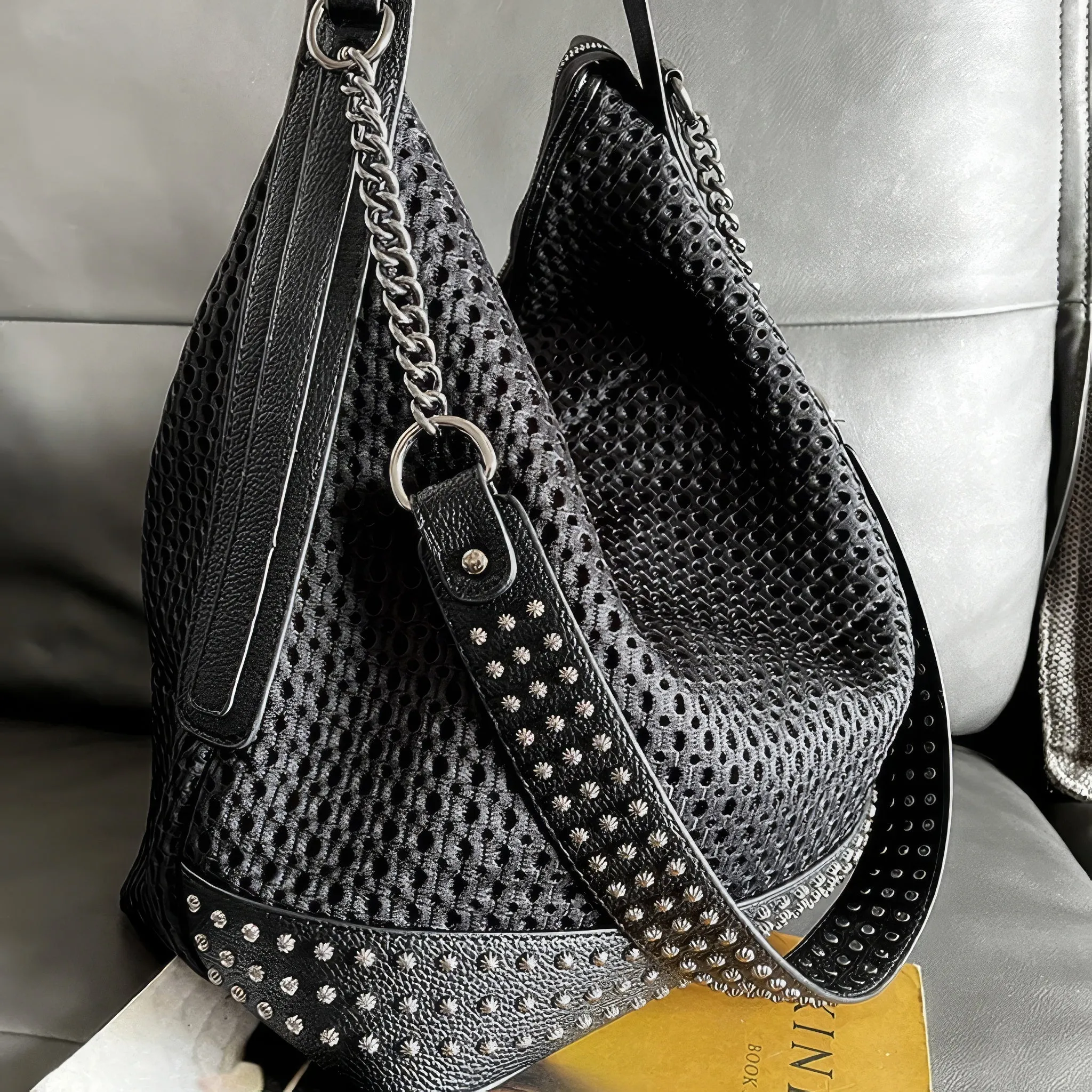 Studded Mesh Chain Strap Hobo Bag