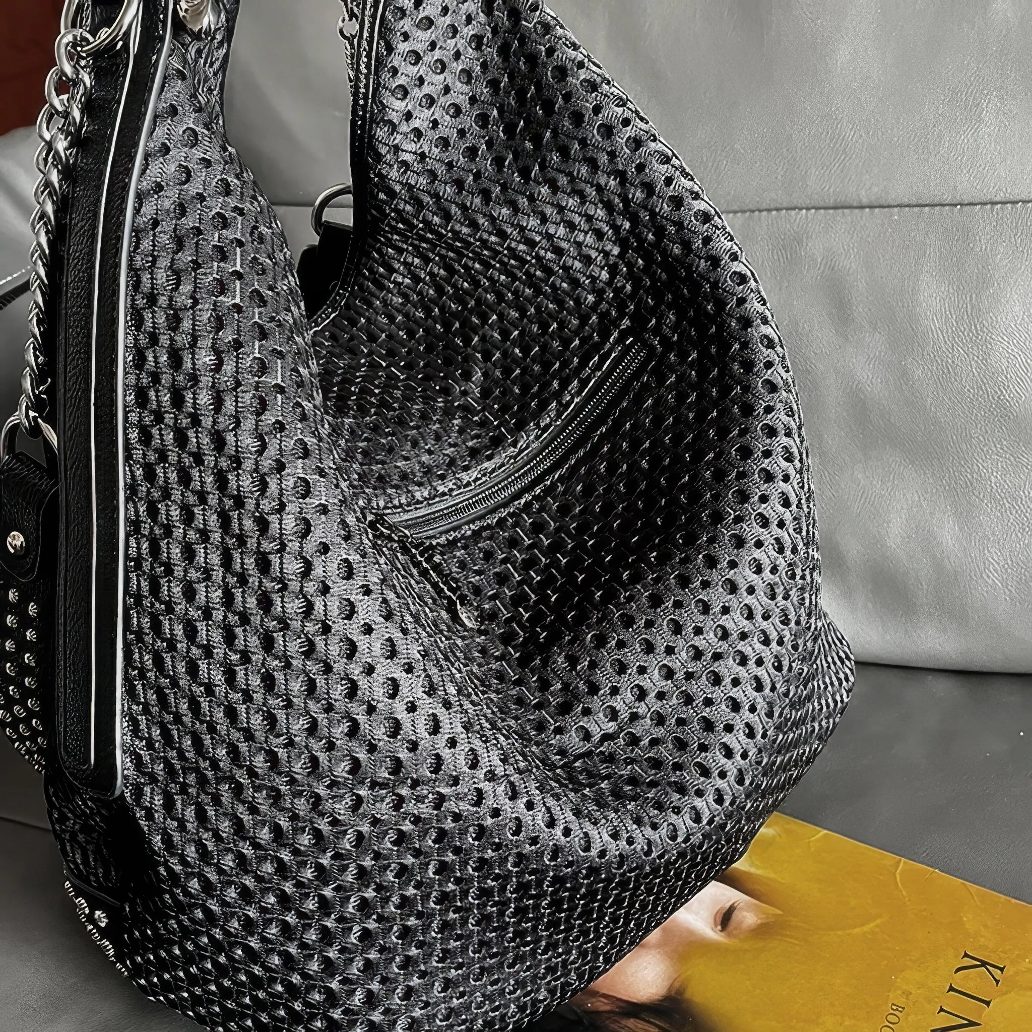 Studded Mesh Chain Strap Hobo Bag