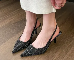Tweed Pointed Slingback Kitten Heels